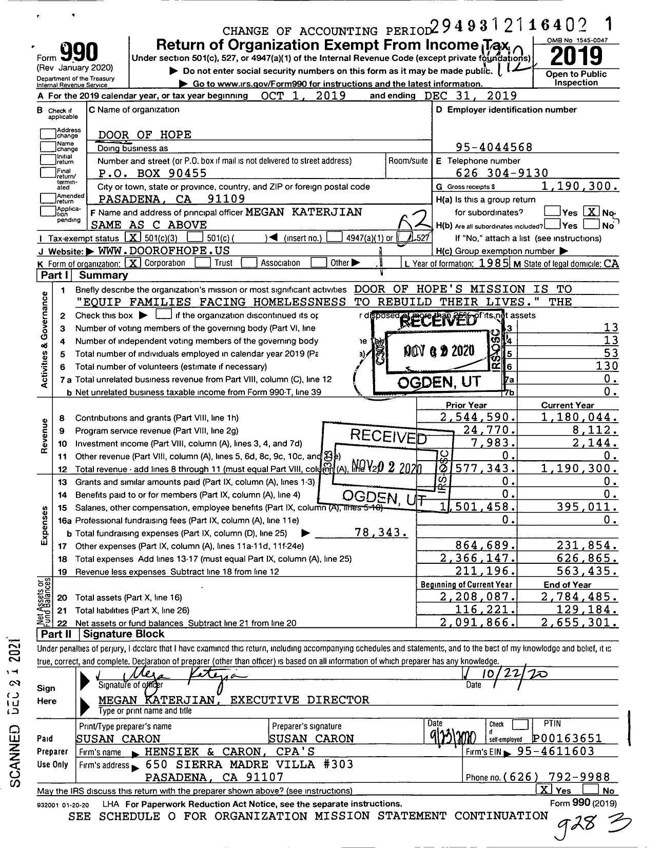 Image of first page of 2019 Form 990 for Door of Hope