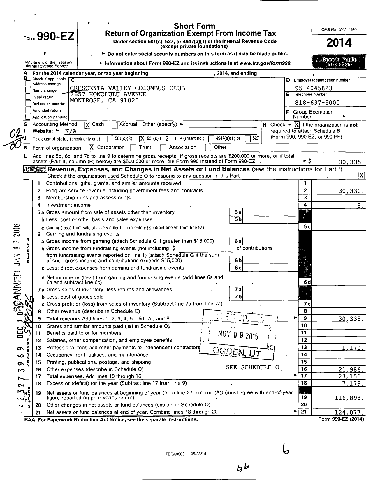 Image of first page of 2014 Form 990EO for Crescenta Valley Columbus Club