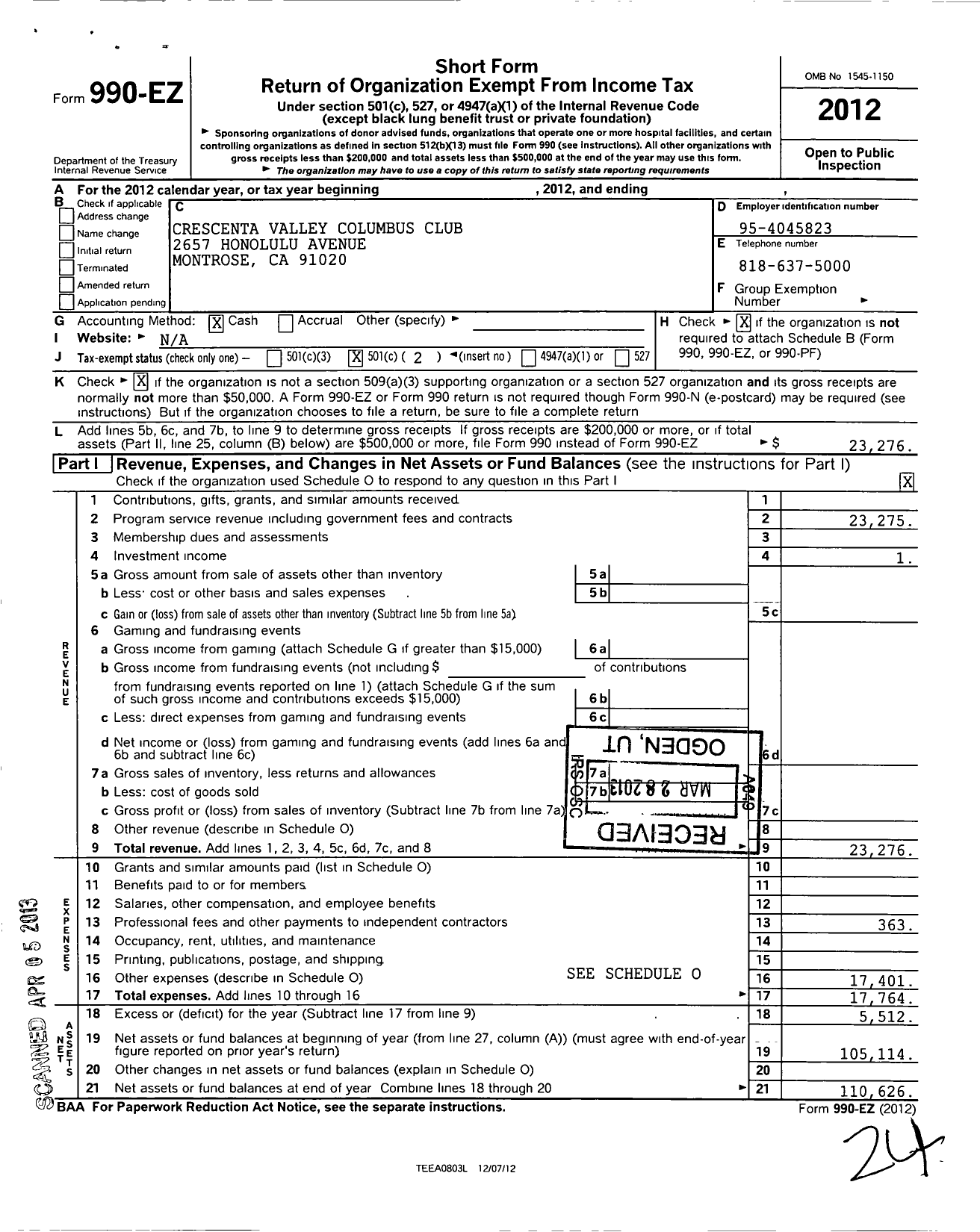 Image of first page of 2012 Form 990EO for Crescenta Valley Columbus Club