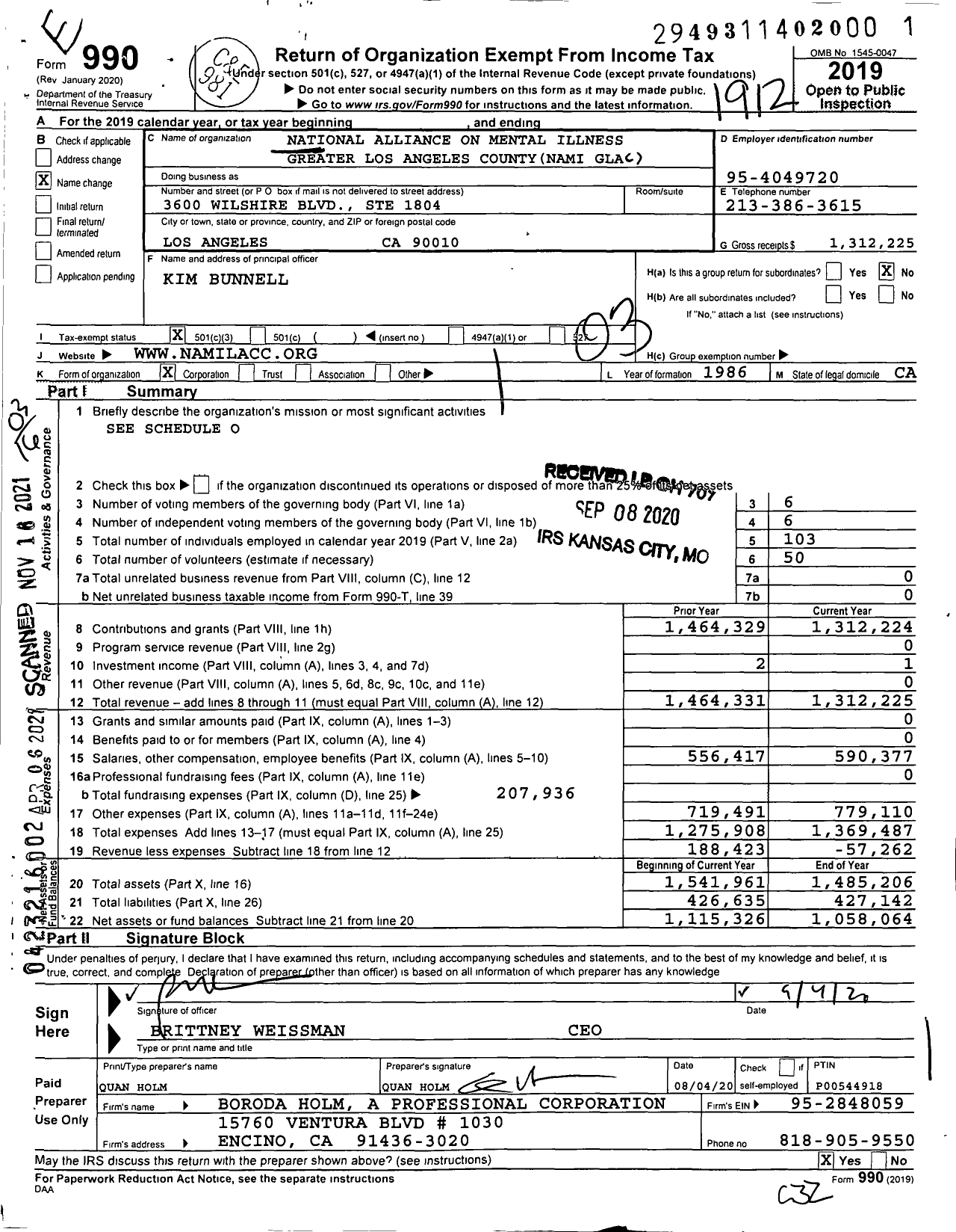 Image of first page of 2019 Form 990 for National Alliance on Mental Illness Greater Los Angeles Cty