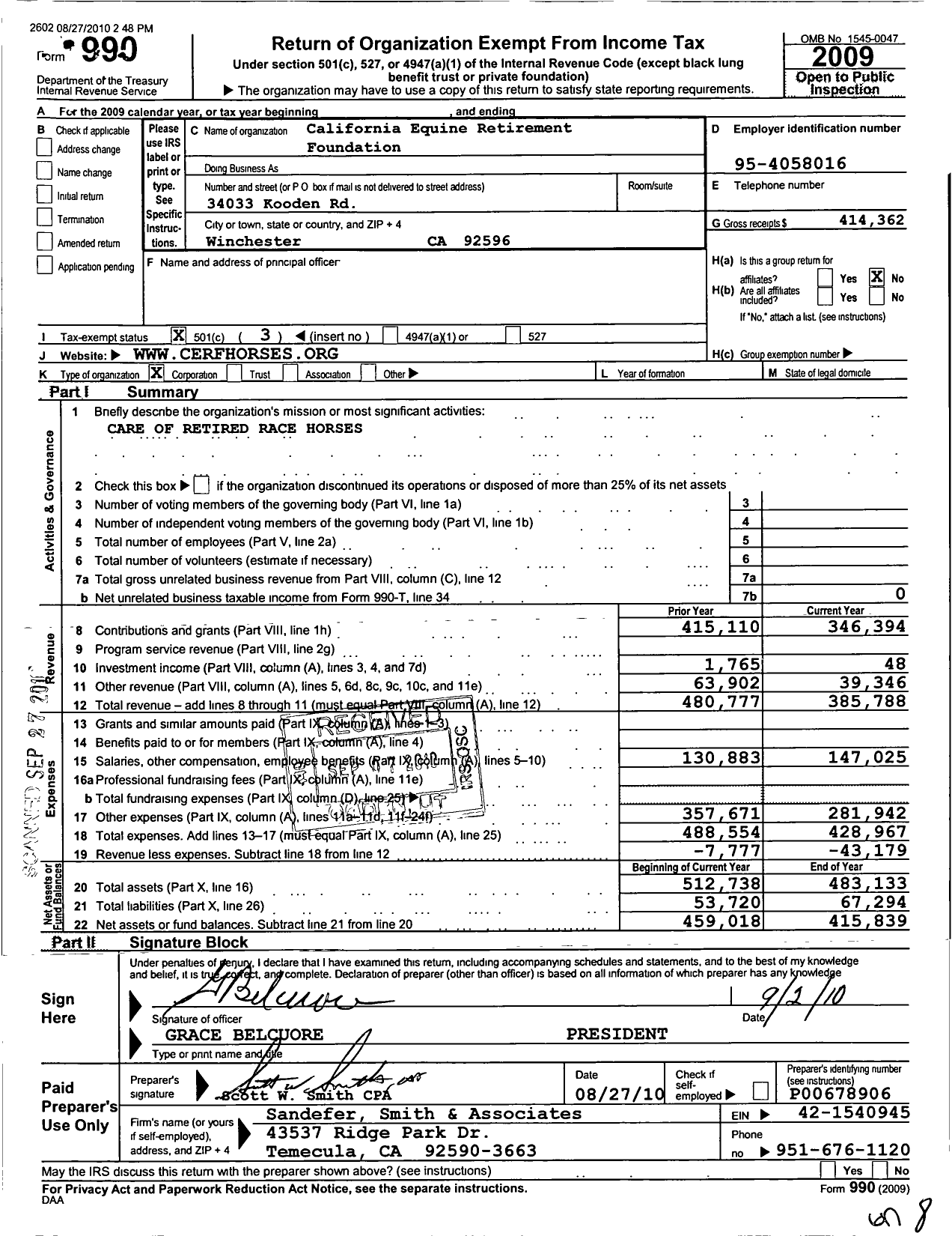 Image of first page of 2009 Form 990 for California Equine Retirement Foundation