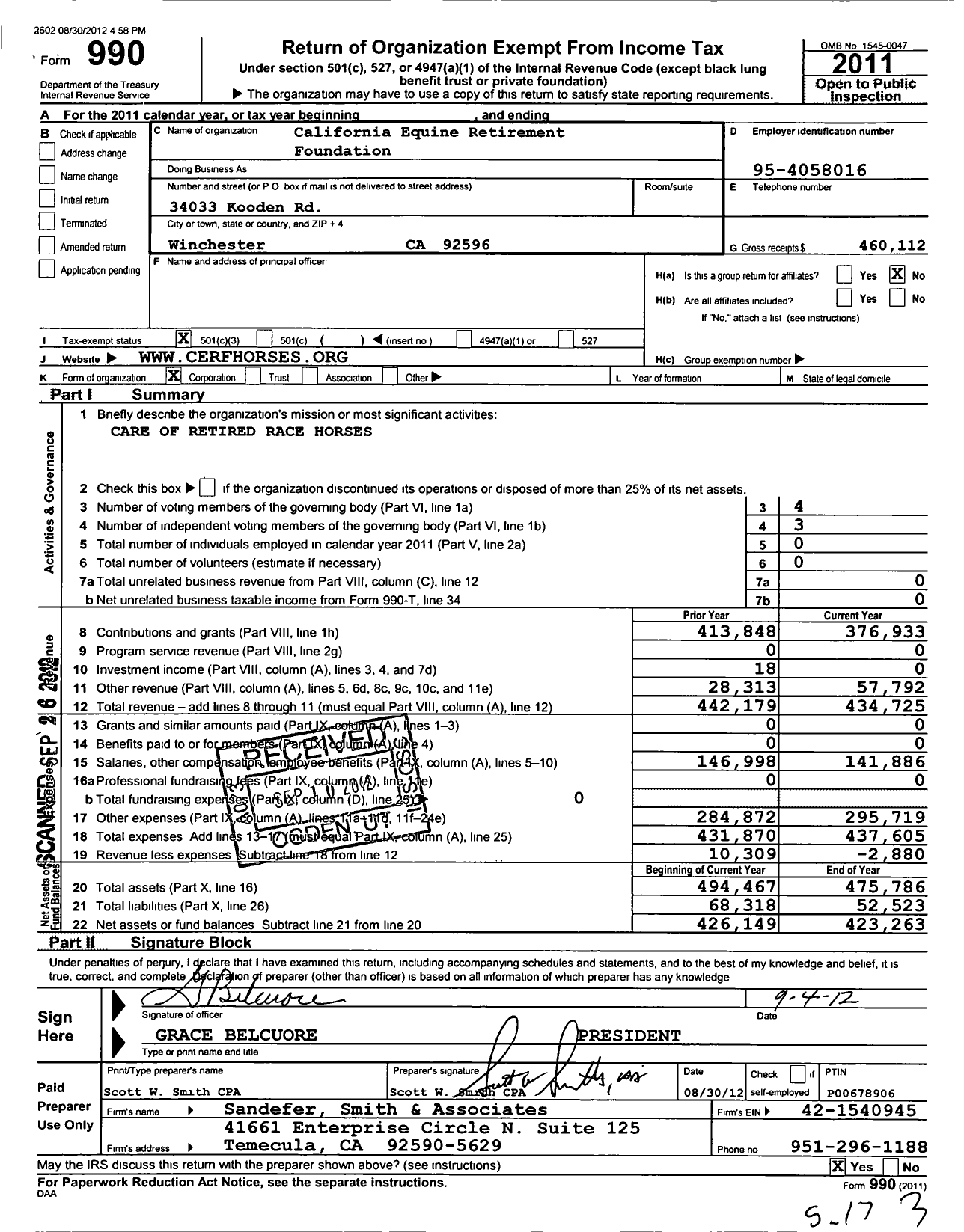 Image of first page of 2011 Form 990 for California Equine Retirement Foundation