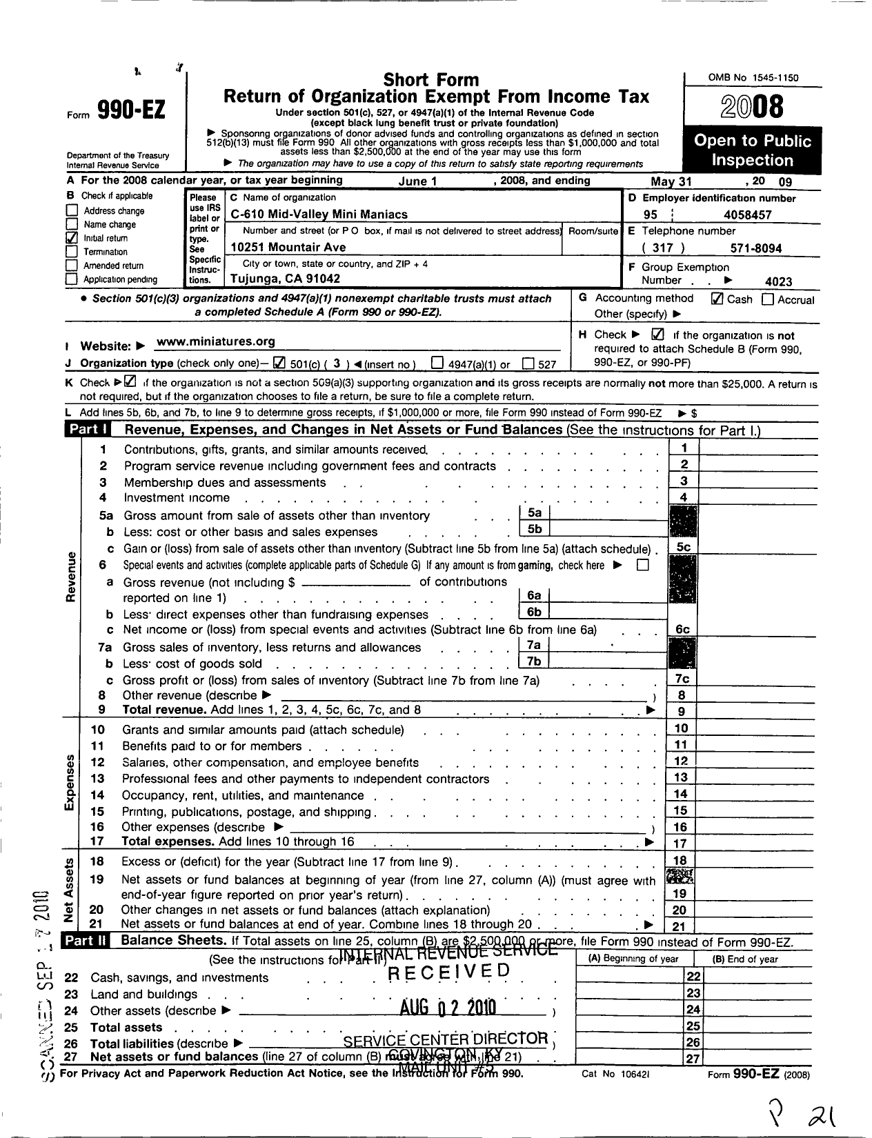 Image of first page of 2008 Form 990EZ for National Association of Miniature Enthusiasts / C-610 Mid-Valley Mini Maniacs