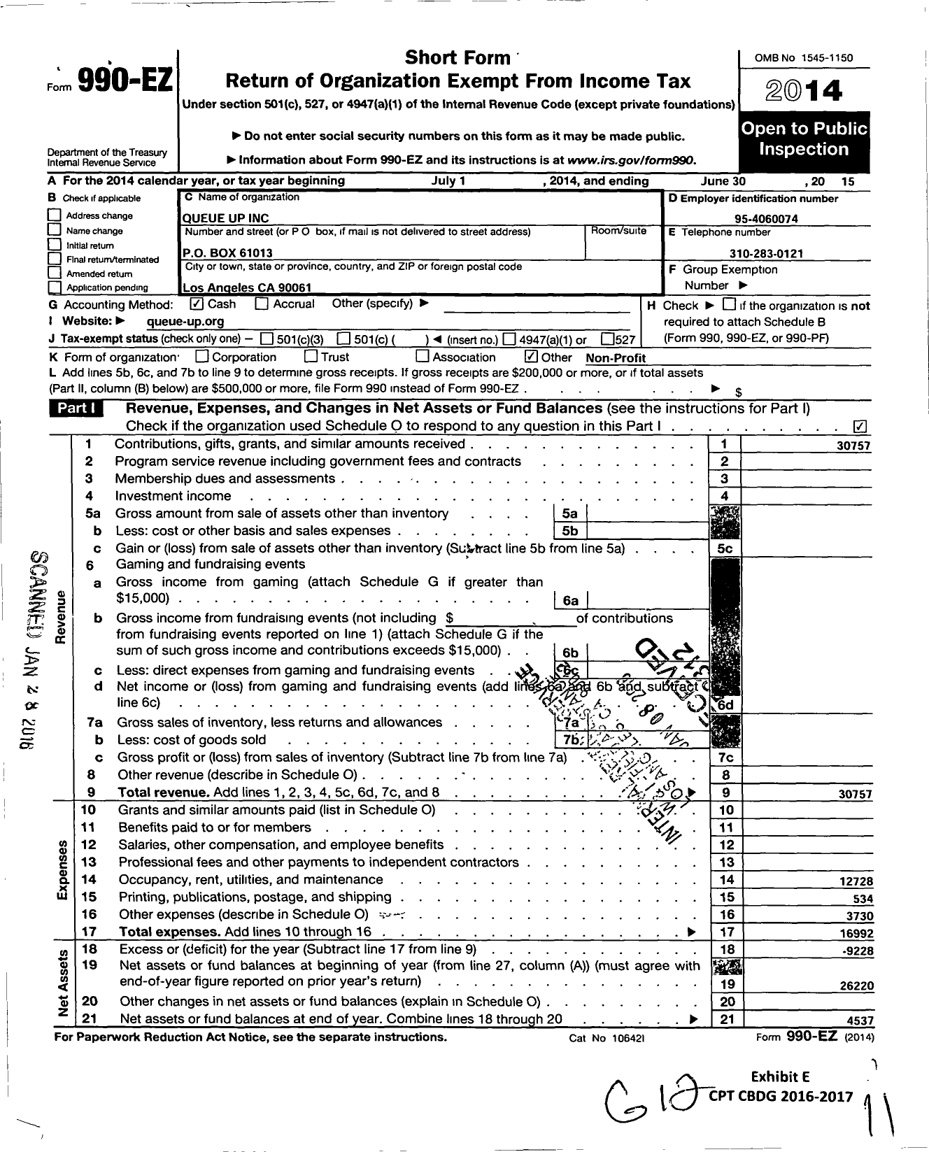 Image of first page of 2014 Form 990EO for Queue-Up