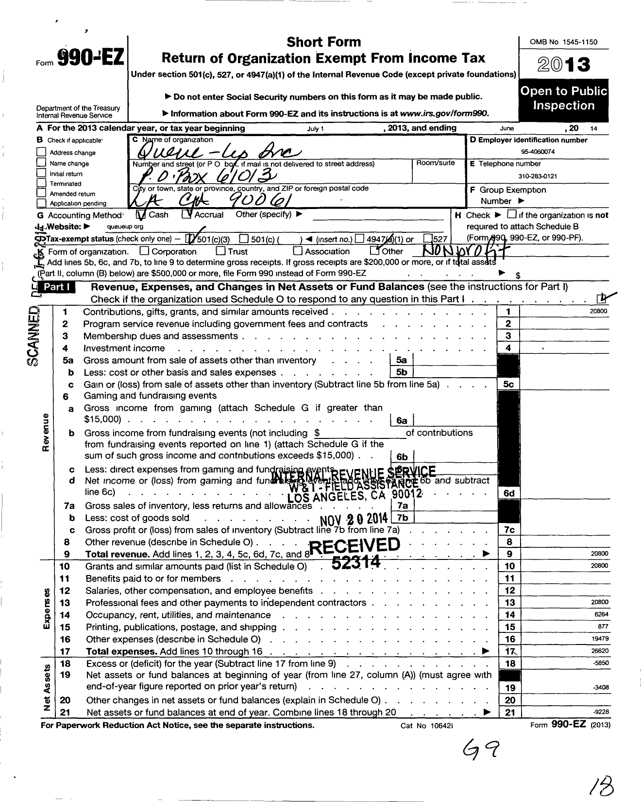 Image of first page of 2013 Form 990EZ for Queue-Up