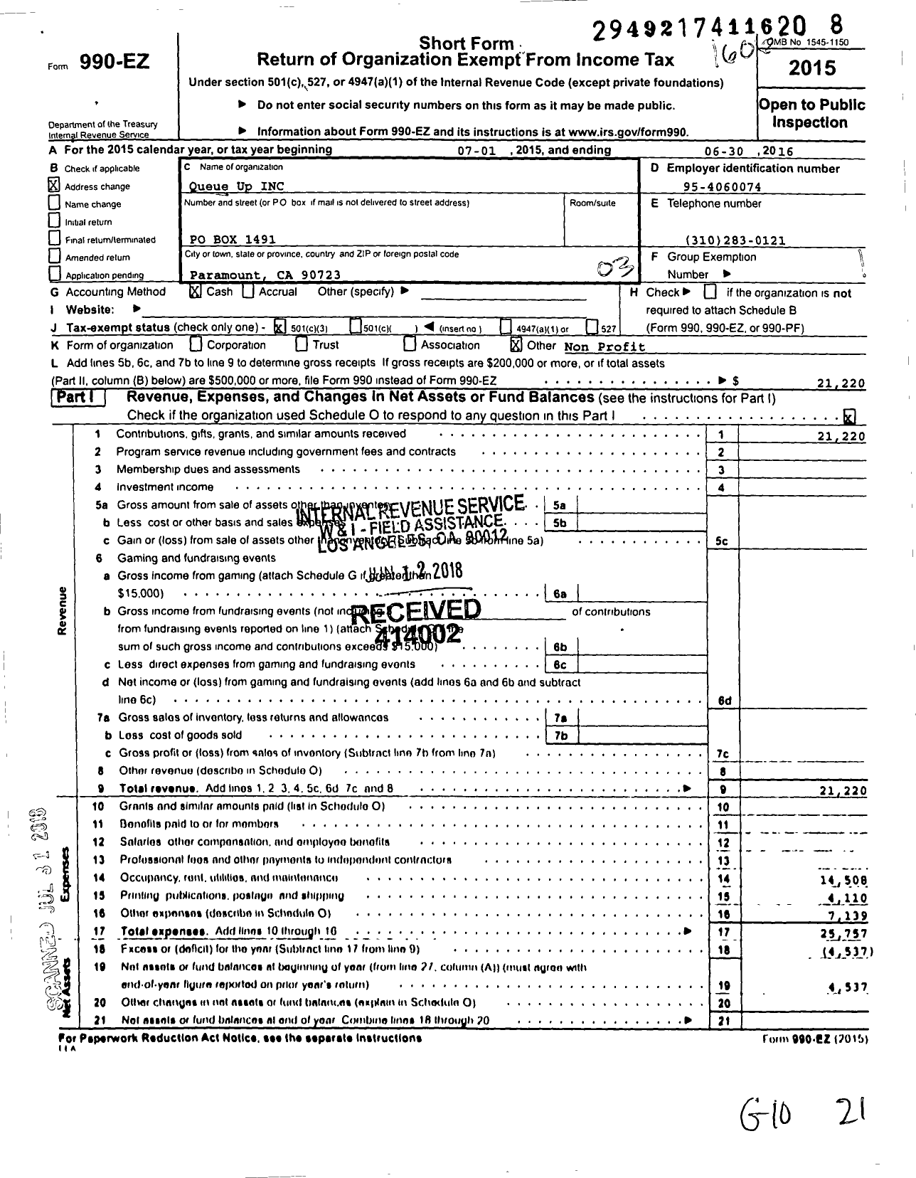 Image of first page of 2015 Form 990EZ for Queue-Up