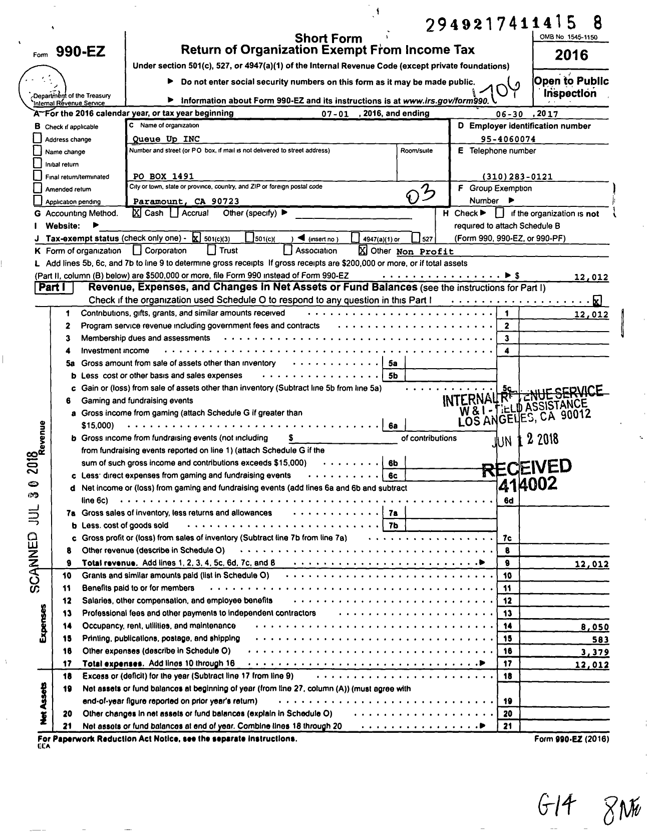 Image of first page of 2016 Form 990EZ for Queue-Up