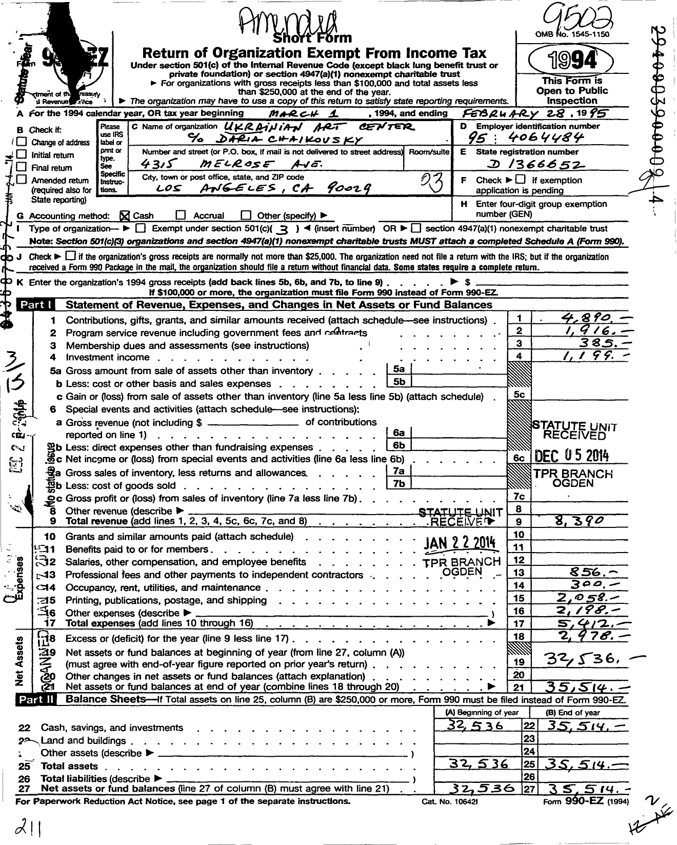 Image of first page of 1994 Form 990EZ for Ukrainian Art Center