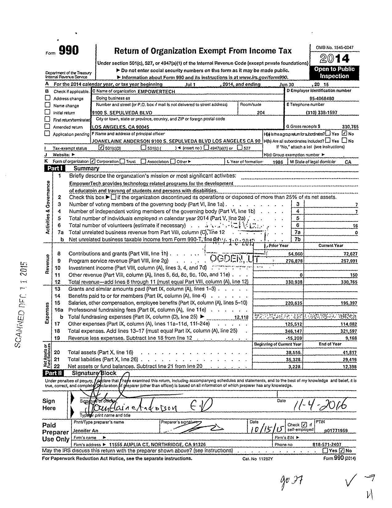 Image of first page of 2014 Form 990 for EmpowerTech
