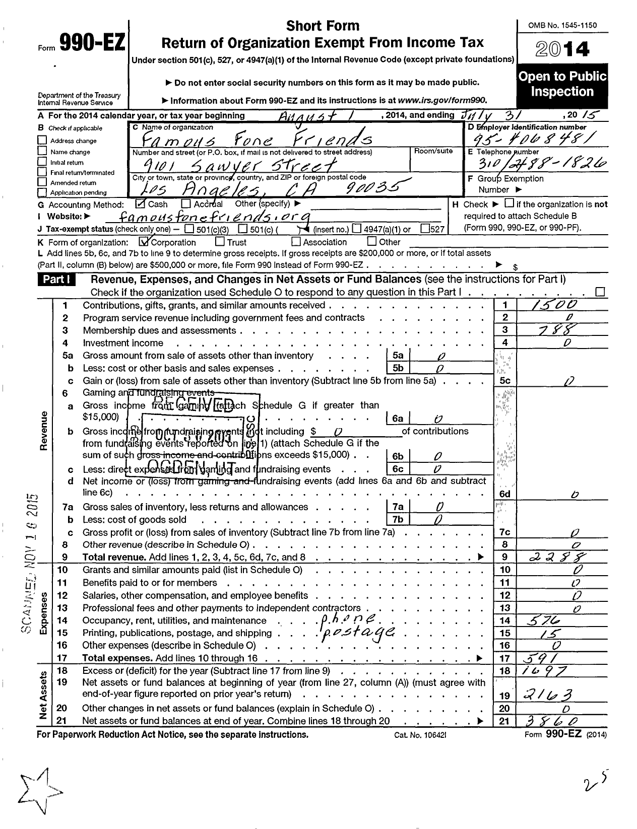 Image of first page of 2014 Form 990EO for Famous Fone Friends