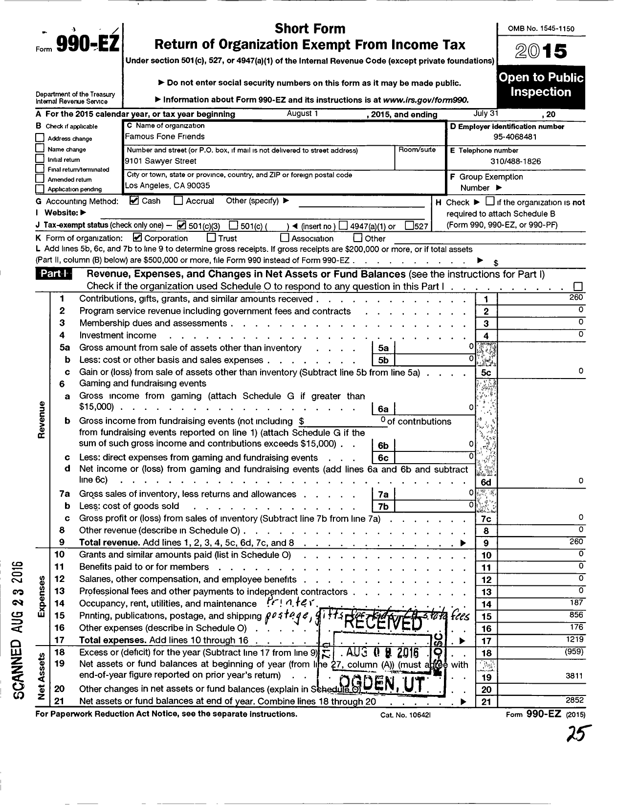 Image of first page of 2014 Form 990EZ for Famous Fone Friends