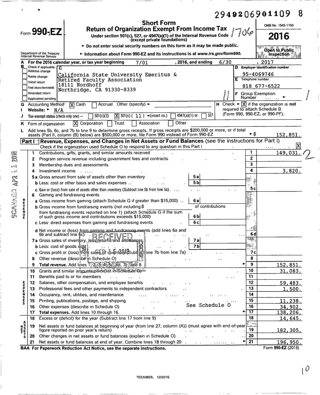 Image of first page of 2016 Form 990EO for California State University Emeritus & Retired Faculty Association