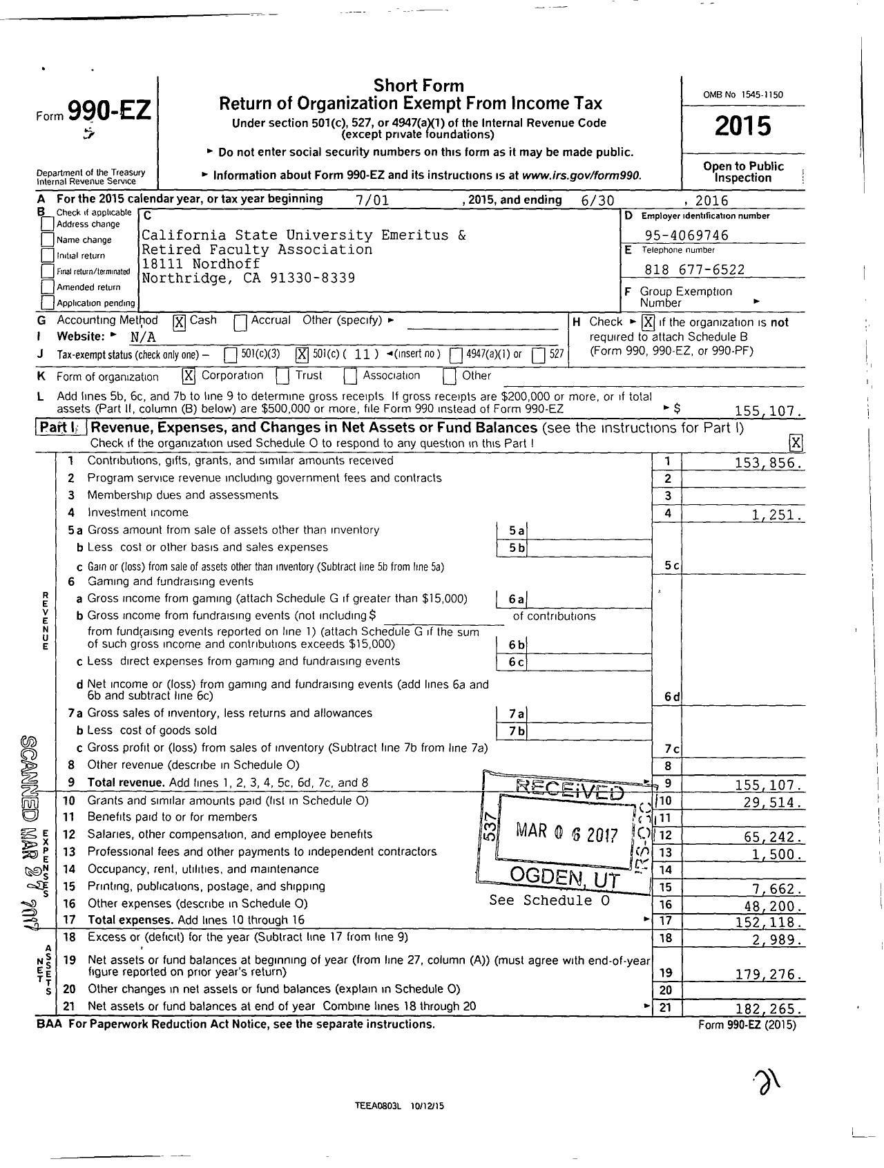 Image of first page of 2015 Form 990EO for California State University Emeritus & Retired Faculty Association