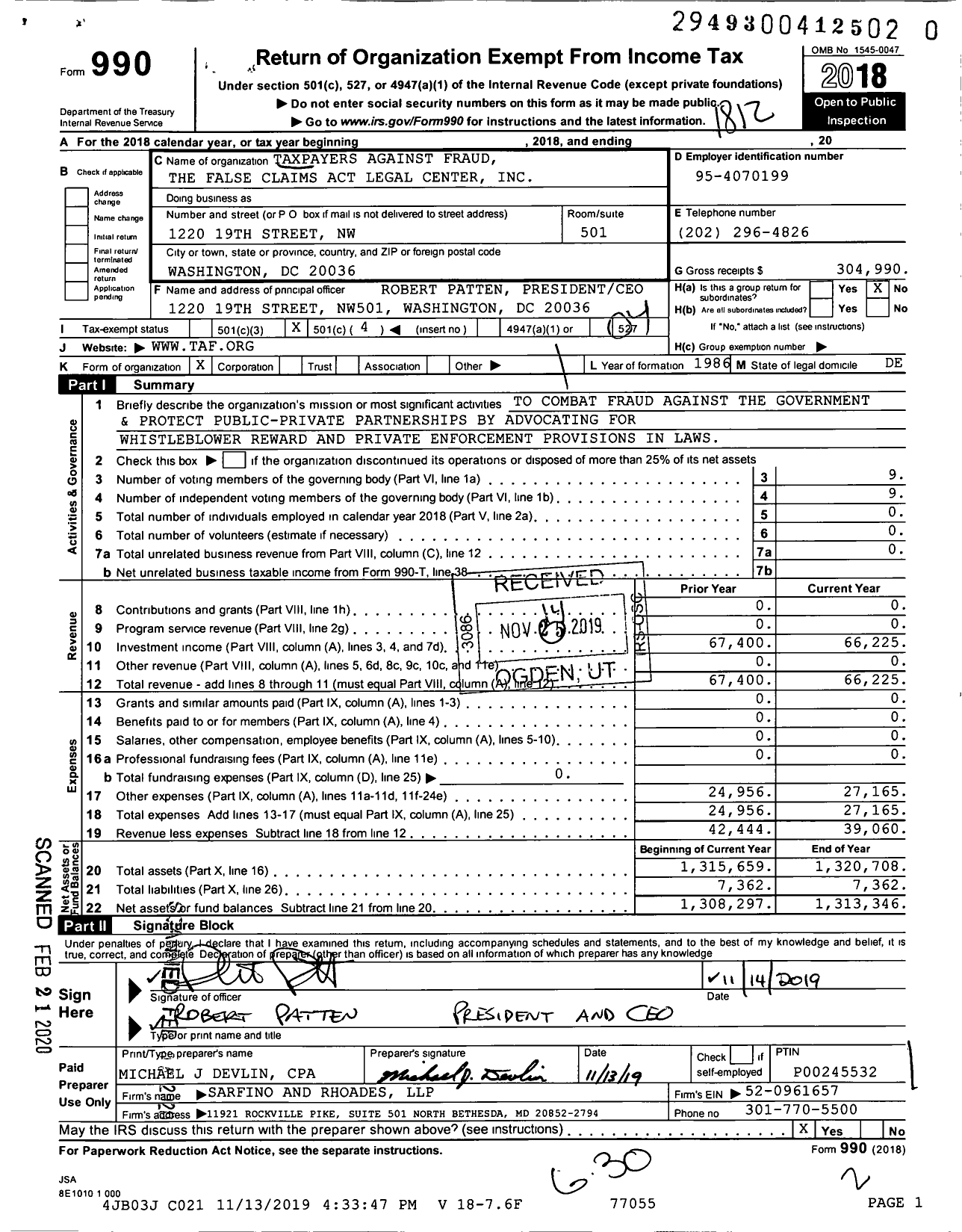 Image of first page of 2018 Form 990O for Taxpayers Against Fraud the False Claims Act Legal Center