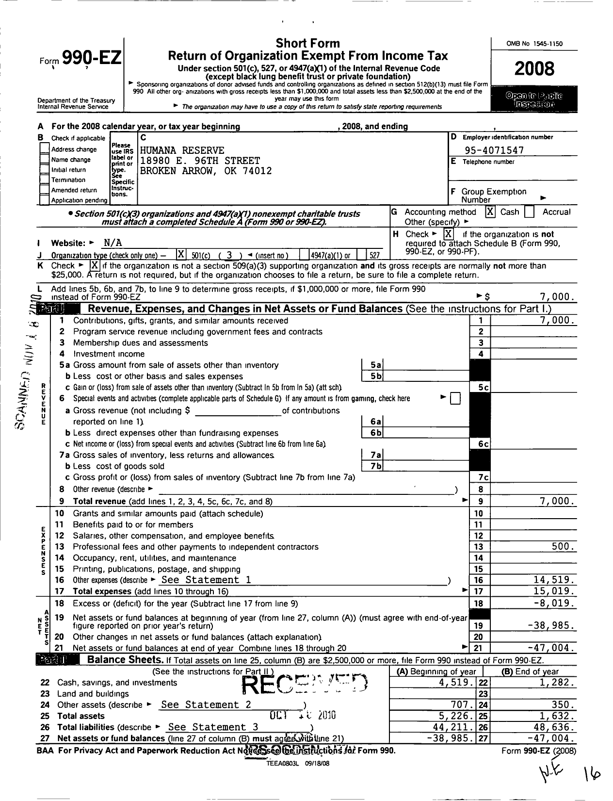 Image of first page of 2008 Form 990EZ for Humana Reserve