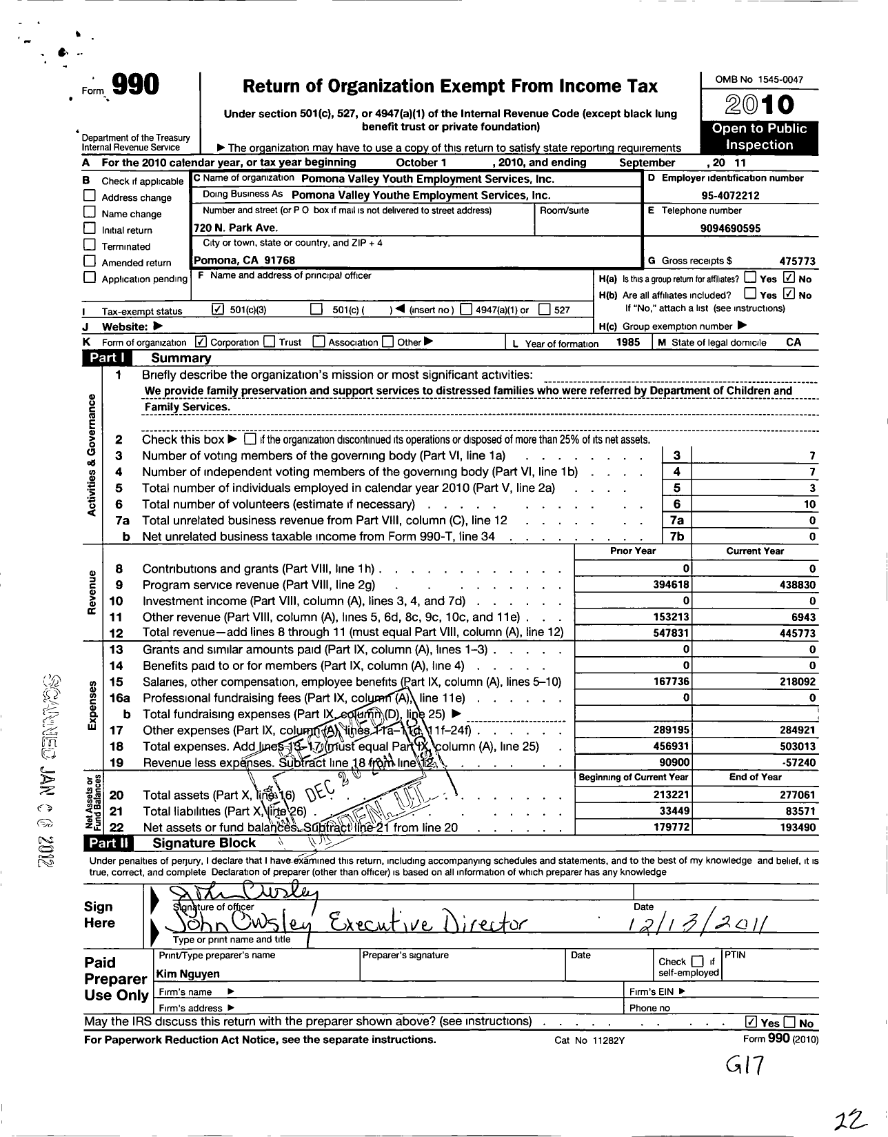 Image of first page of 2010 Form 990 for Pomona Valley Youth Employment Services