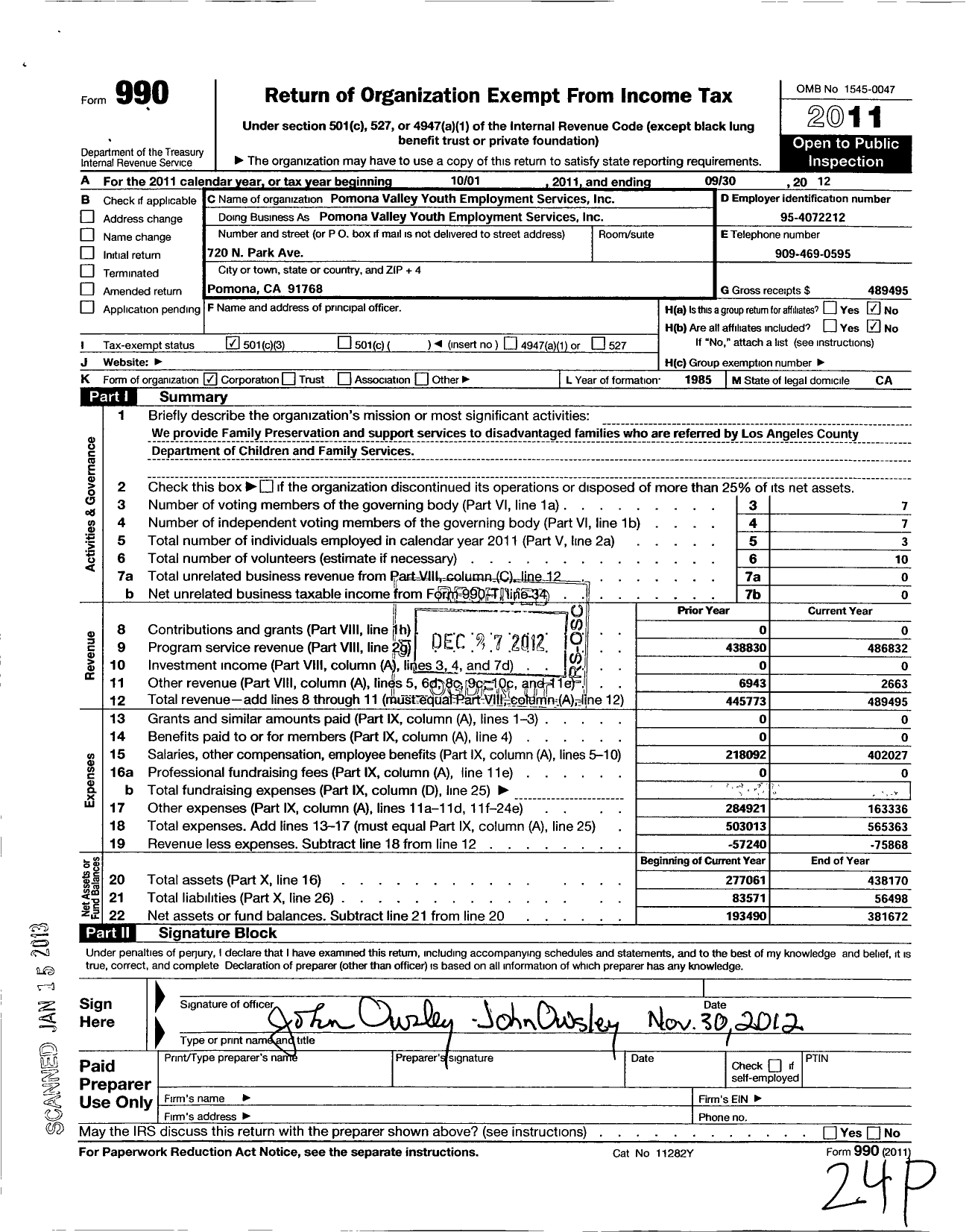 Image of first page of 2011 Form 990 for Pomona Valley Youth Employment Services