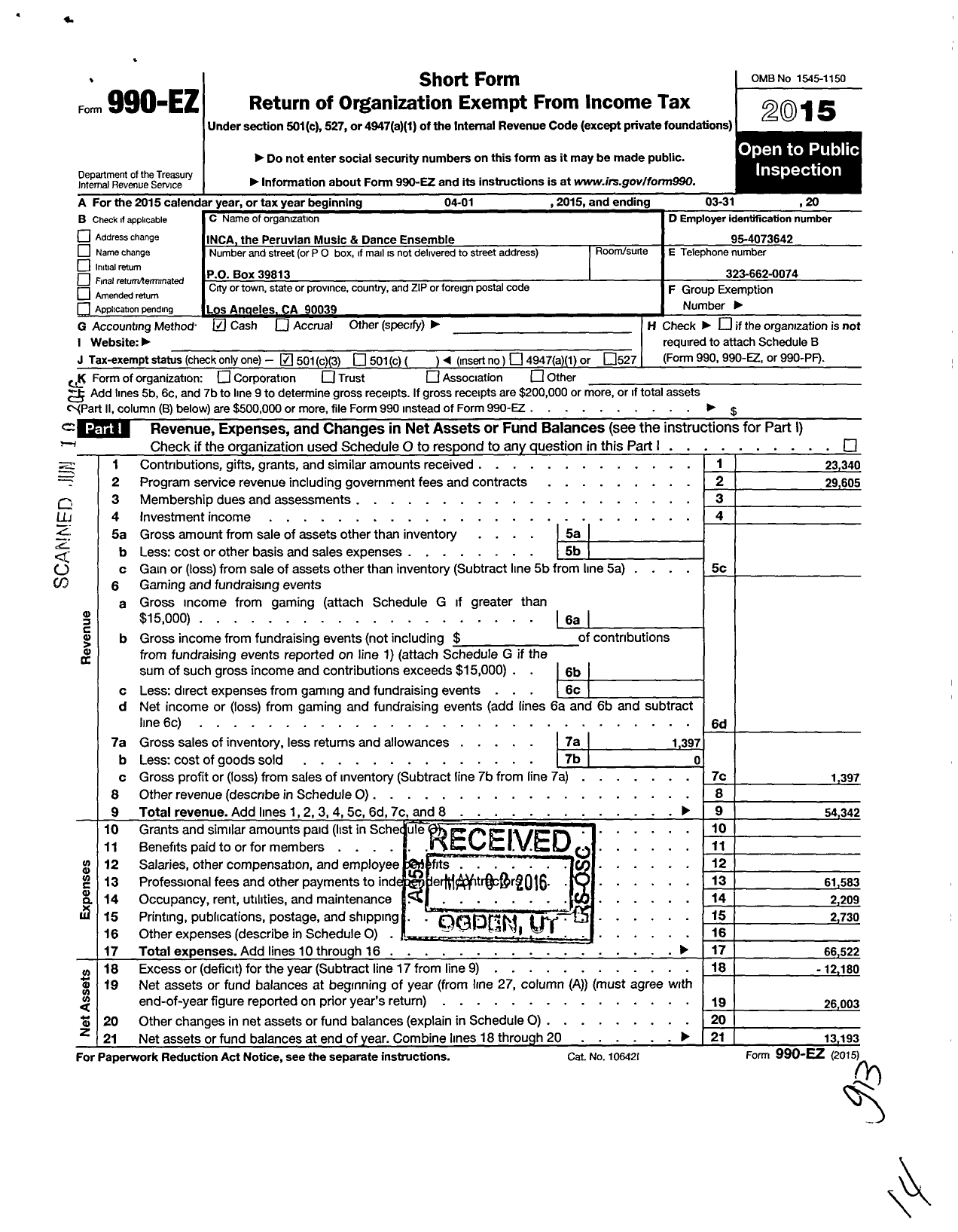 Image of first page of 2014 Form 990EZ for Inca the Peruvian Music and Dance Ensemble