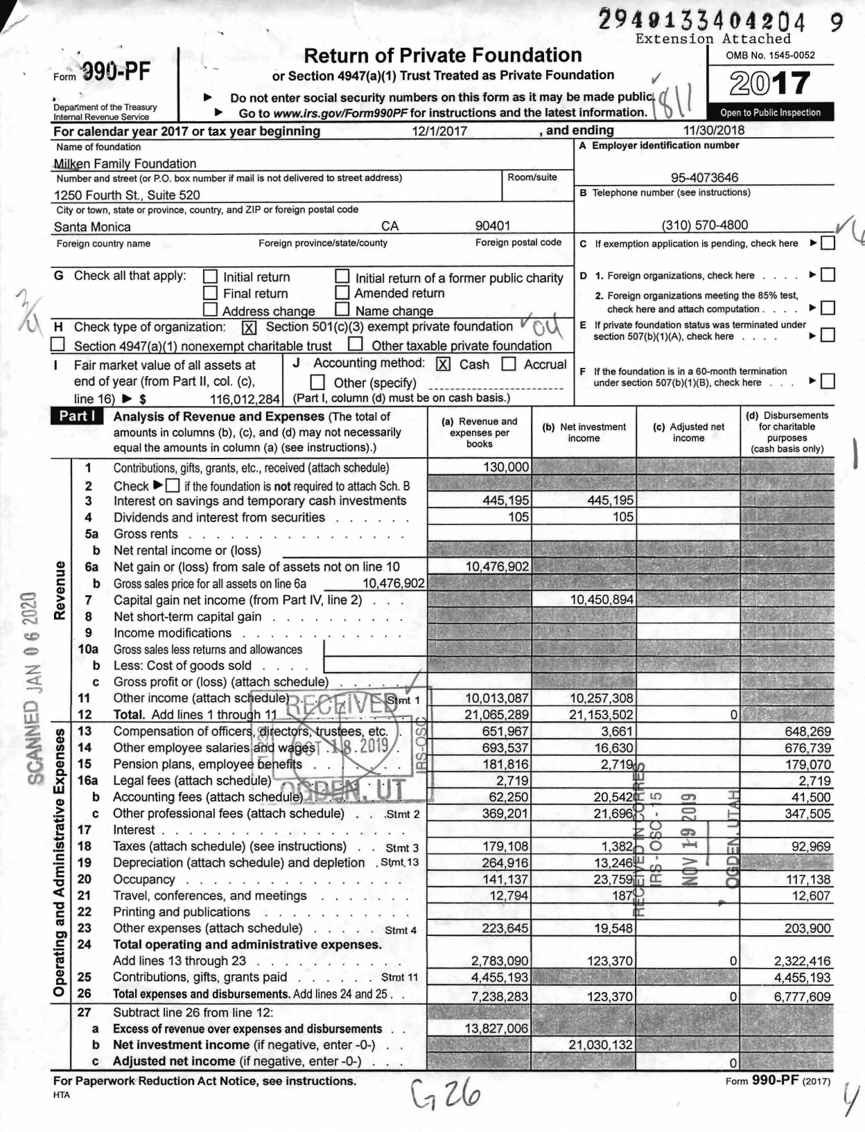 Image of first page of 2017 Form 990PF for The Milken Family Foundation (MFF)