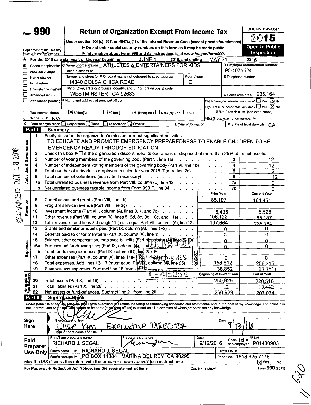 Image of first page of 2015 Form 990 for Athletes and Entertainers for Kids