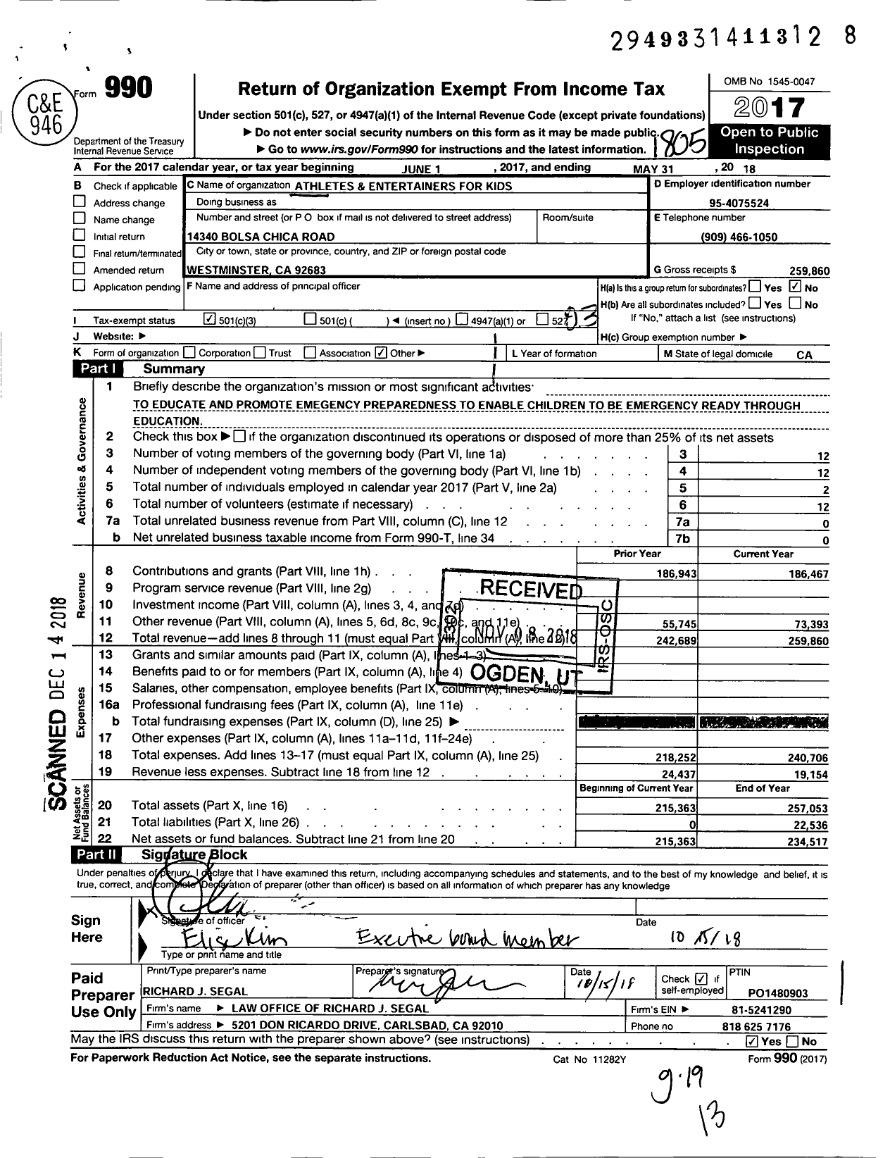 Image of first page of 2017 Form 990 for Athletes and Entertainers for Kids