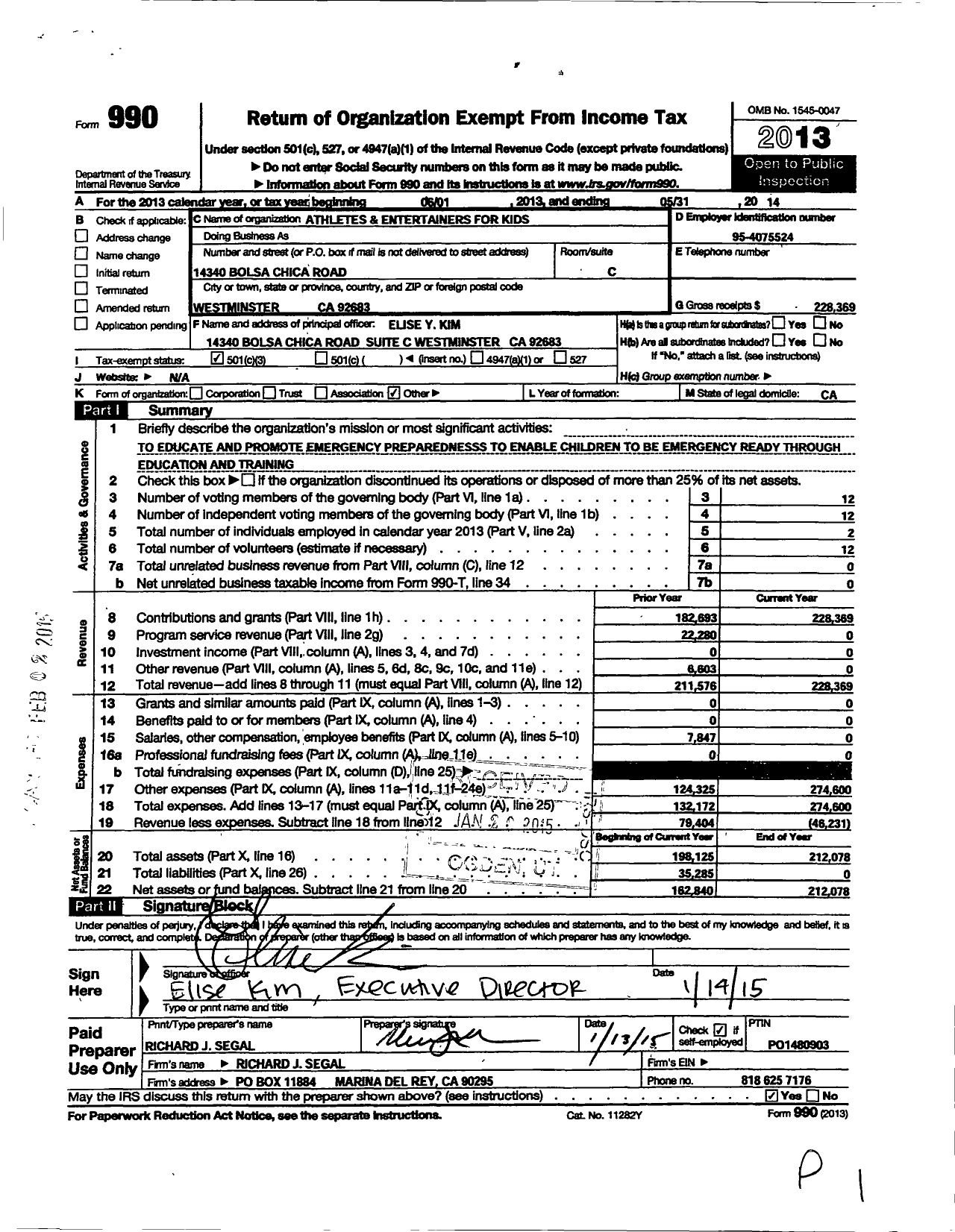 Image of first page of 2013 Form 990 for Athletes and Entertainers for Kids