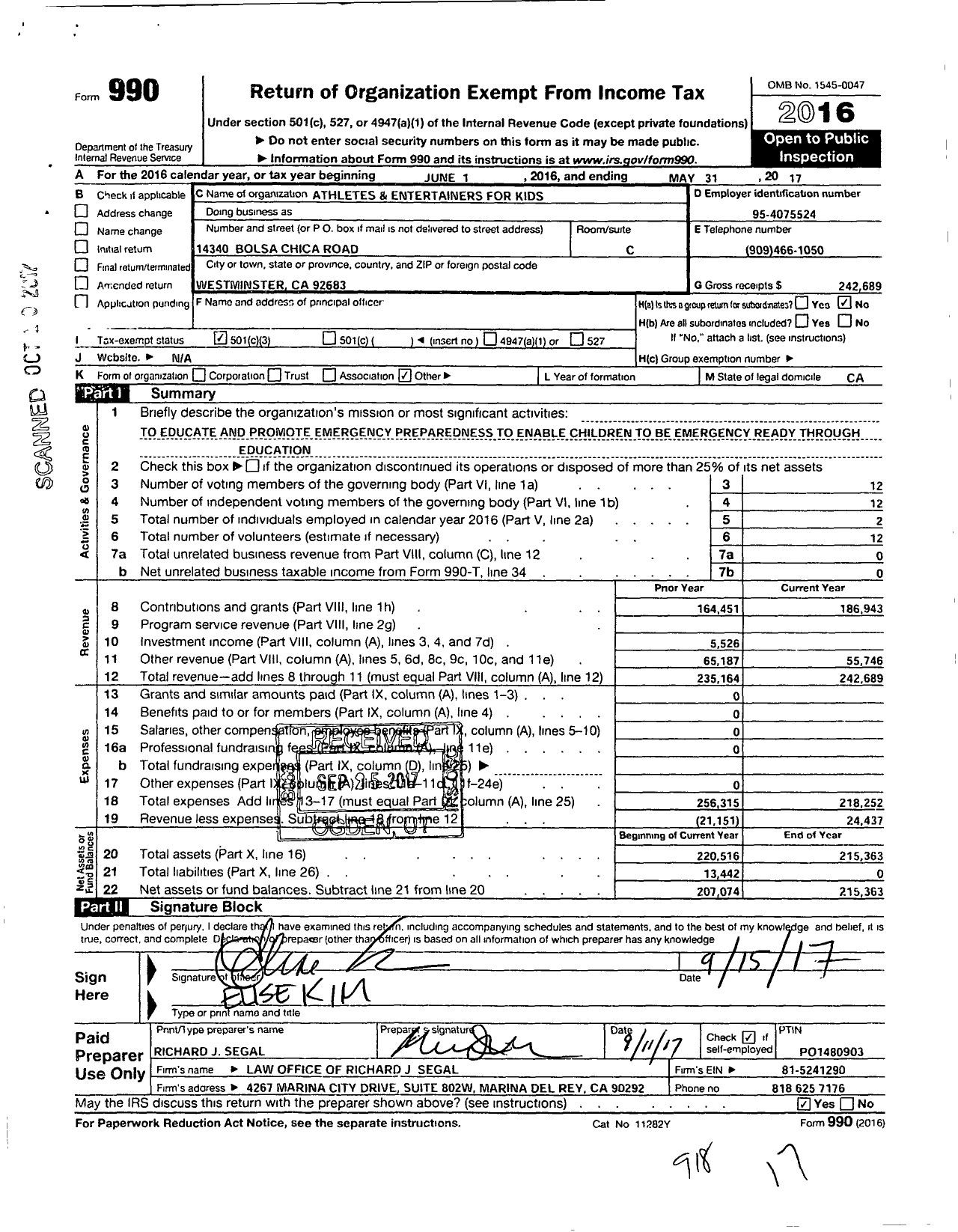 Image of first page of 2016 Form 990 for Athletes and Entertainers for Kids