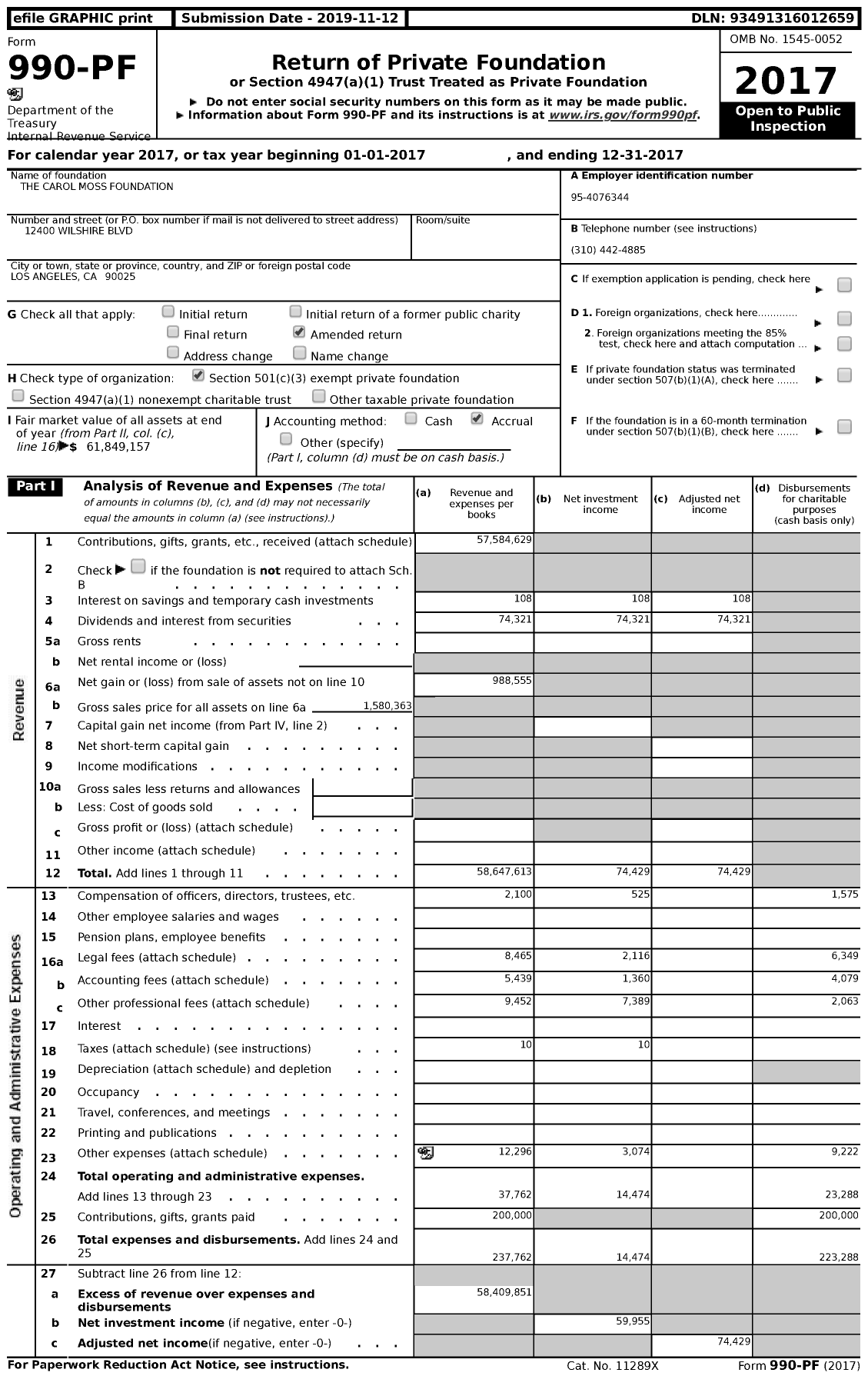 Image of first page of 2017 Form 990PF for The Carol Moss Foundation