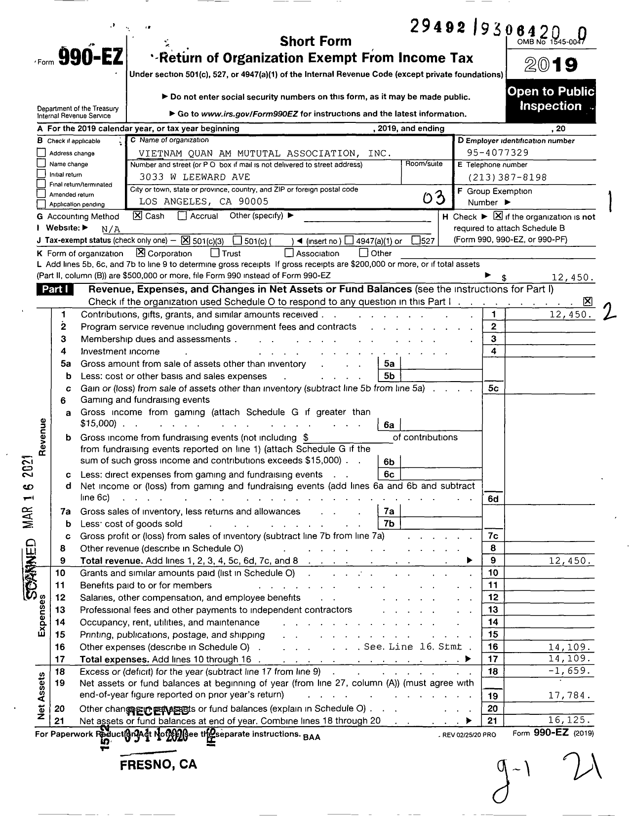 Image of first page of 2019 Form 990EZ for Vietnam Quan Am Mutual Association