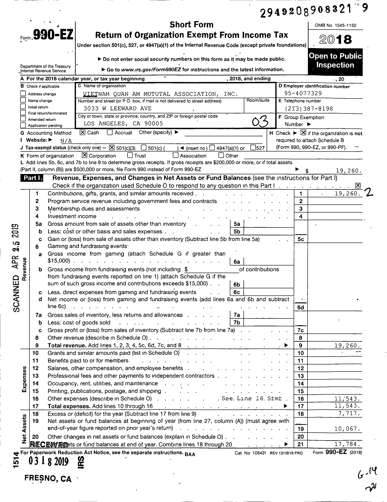 Image of first page of 2018 Form 990EZ for Vietnam Quan Am Mutual Association