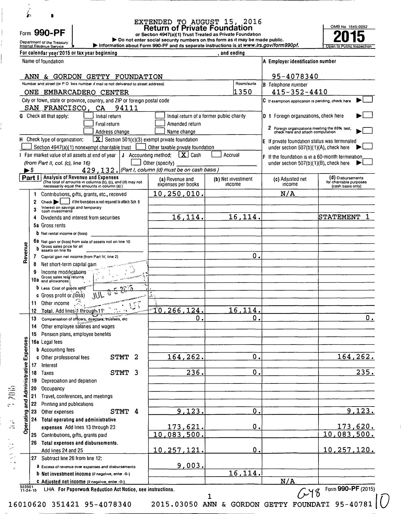 Image of first page of 2015 Form 990PF for Ann and Gordon Getty Foundation