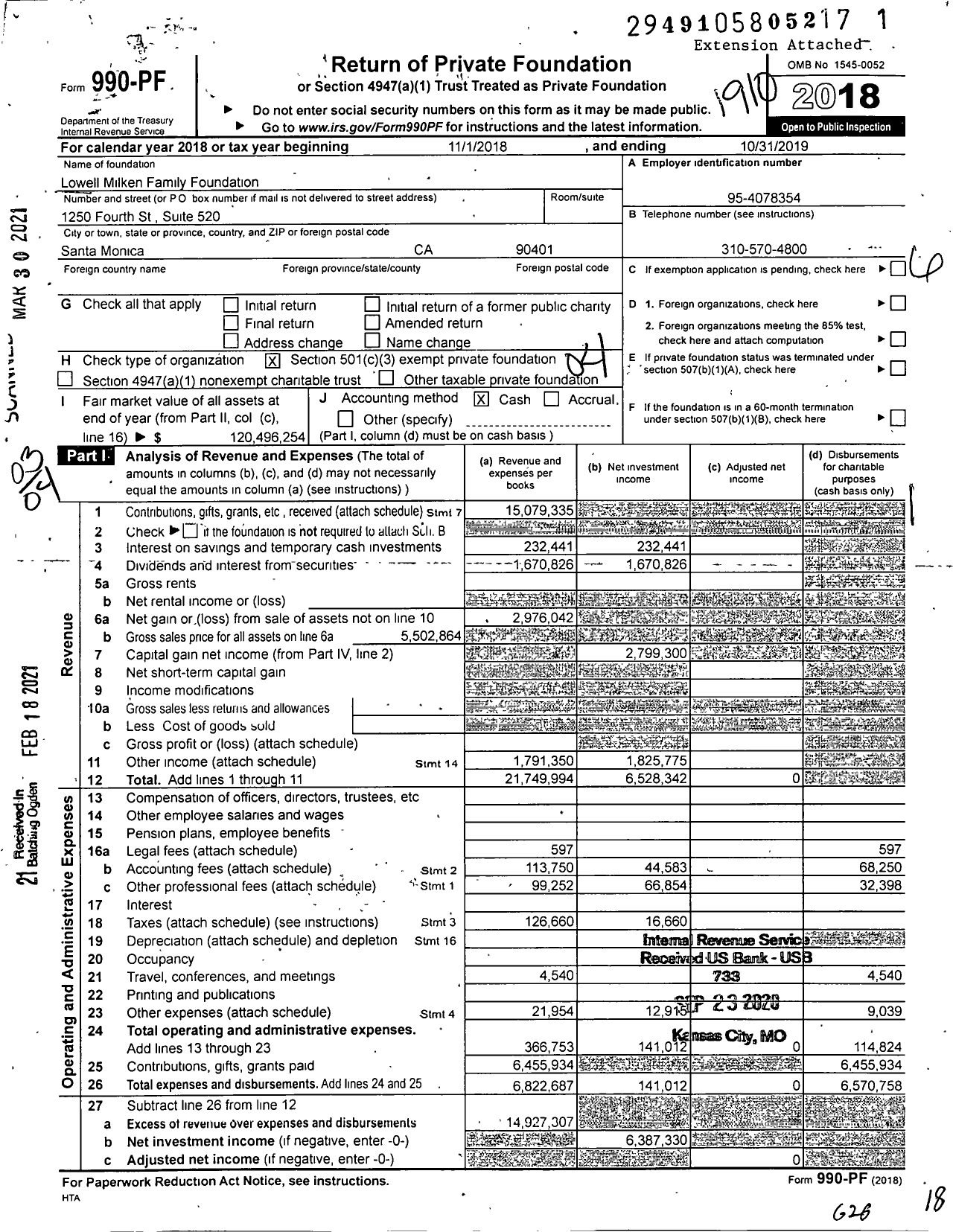 Image of first page of 2018 Form 990PF for Milken Family Foundation (MFF)