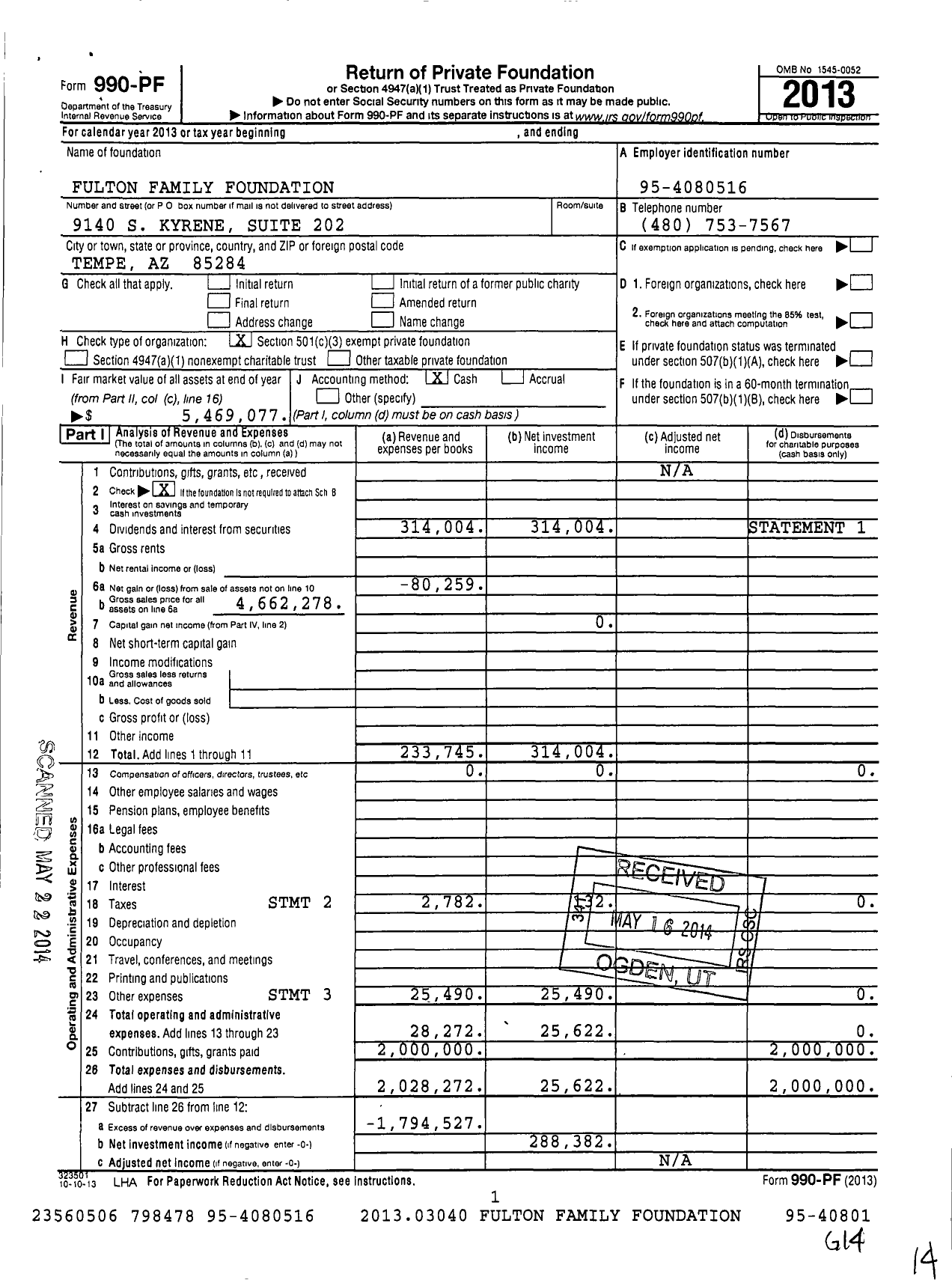 Image of first page of 2013 Form 990PF for Fulton Family Foundation