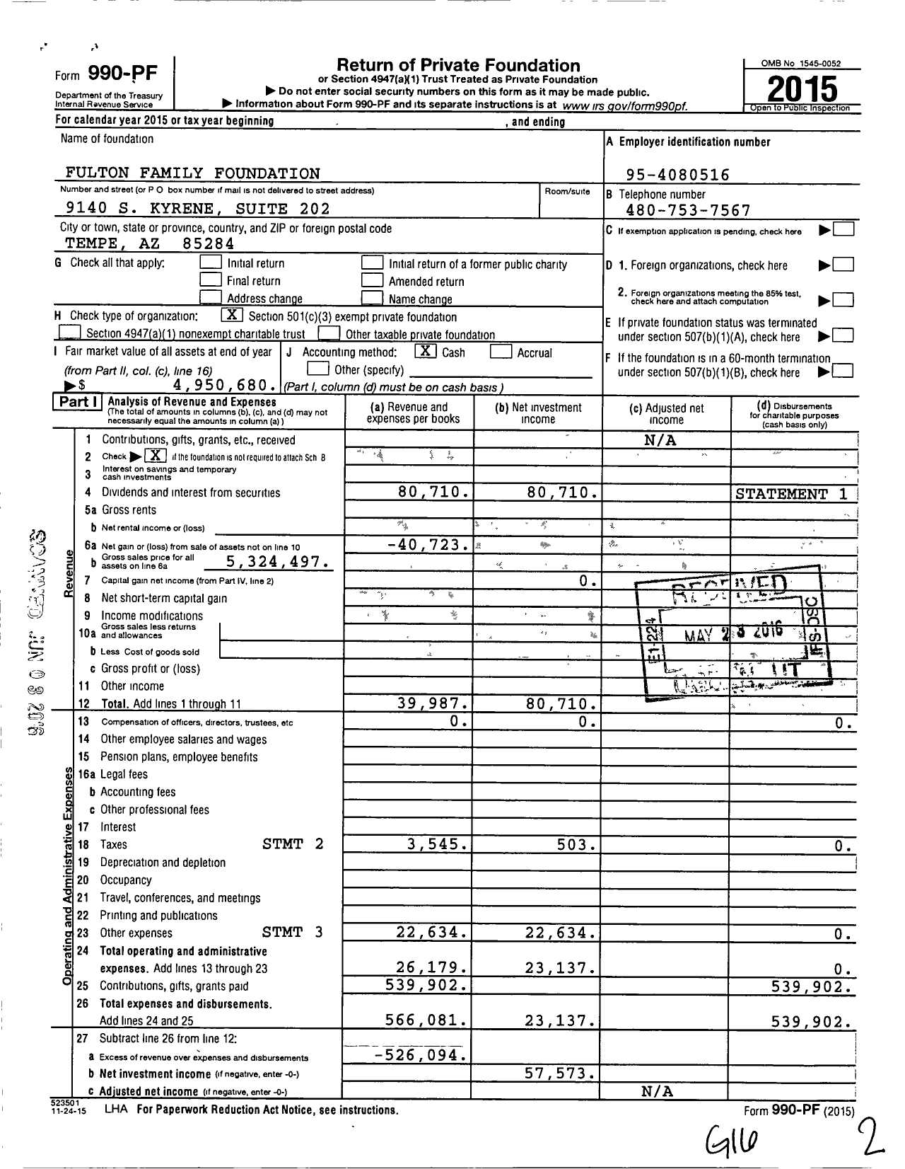 Image of first page of 2015 Form 990PF for Fulton Family Foundation