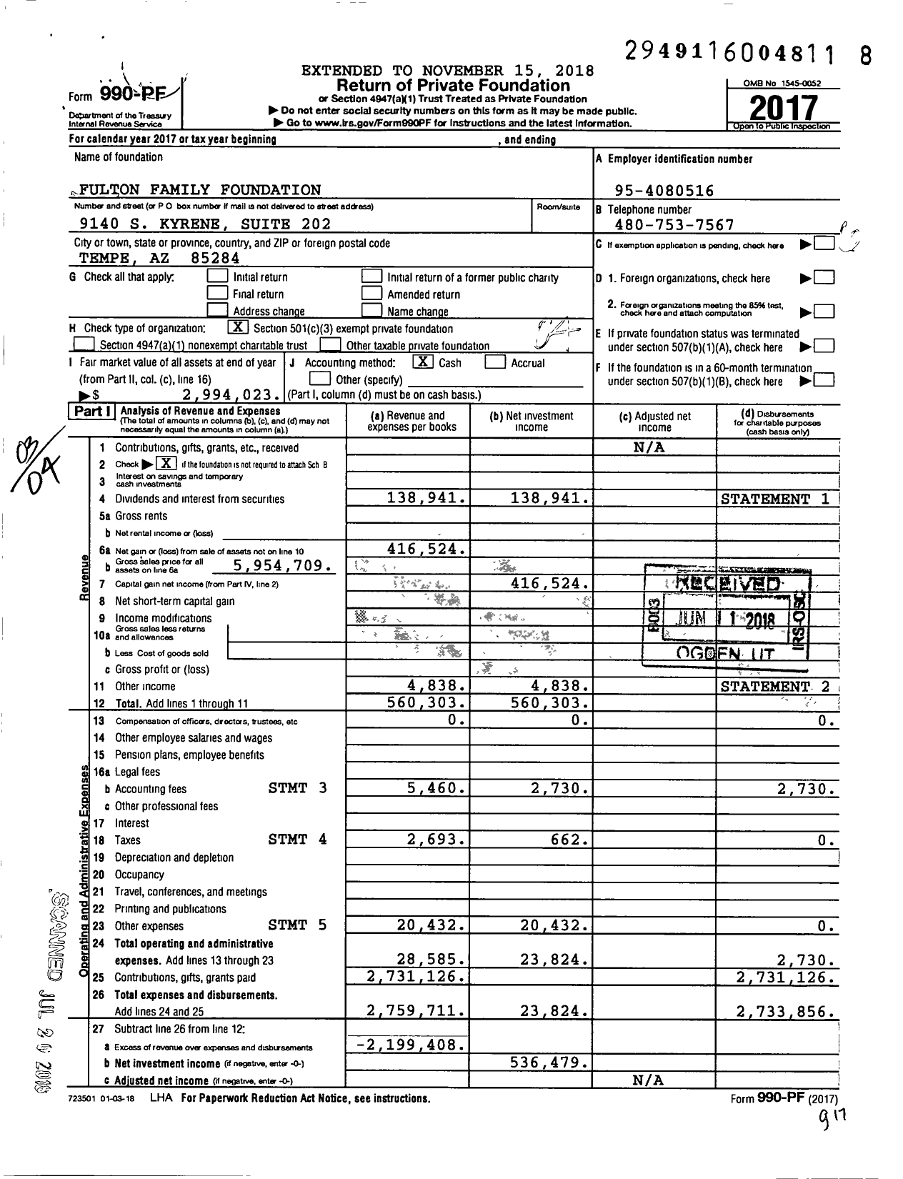 Image of first page of 2017 Form 990PF for Fulton Family Foundation