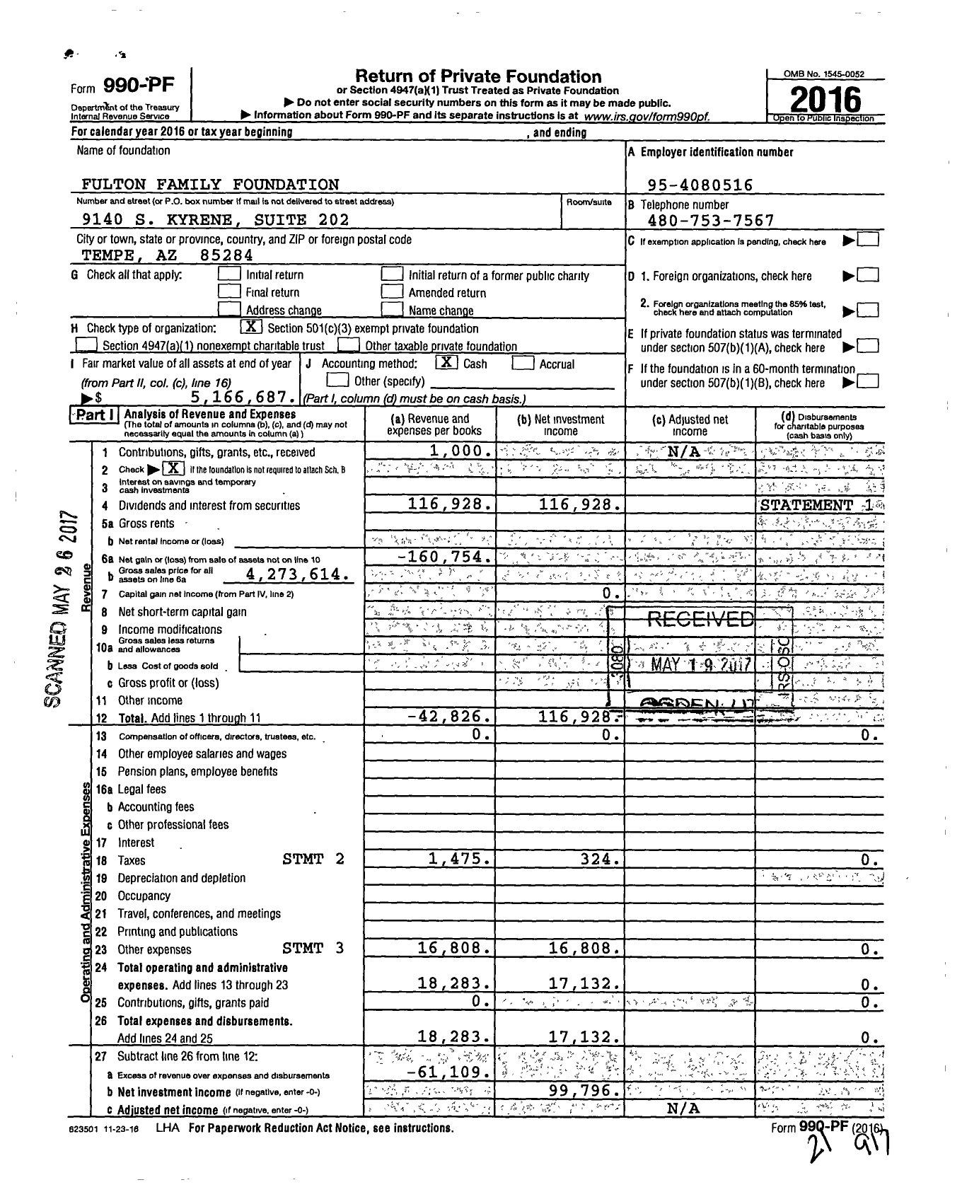 Image of first page of 2016 Form 990PF for Fulton Family Foundation