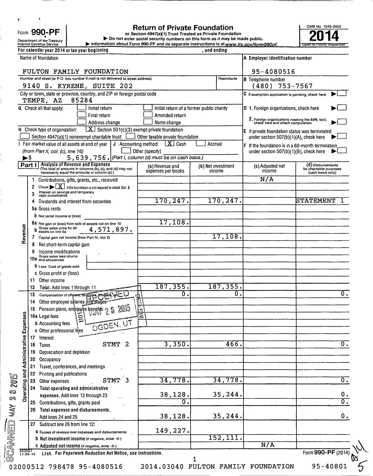 Image of first page of 2014 Form 990PF for Fulton Family Foundation