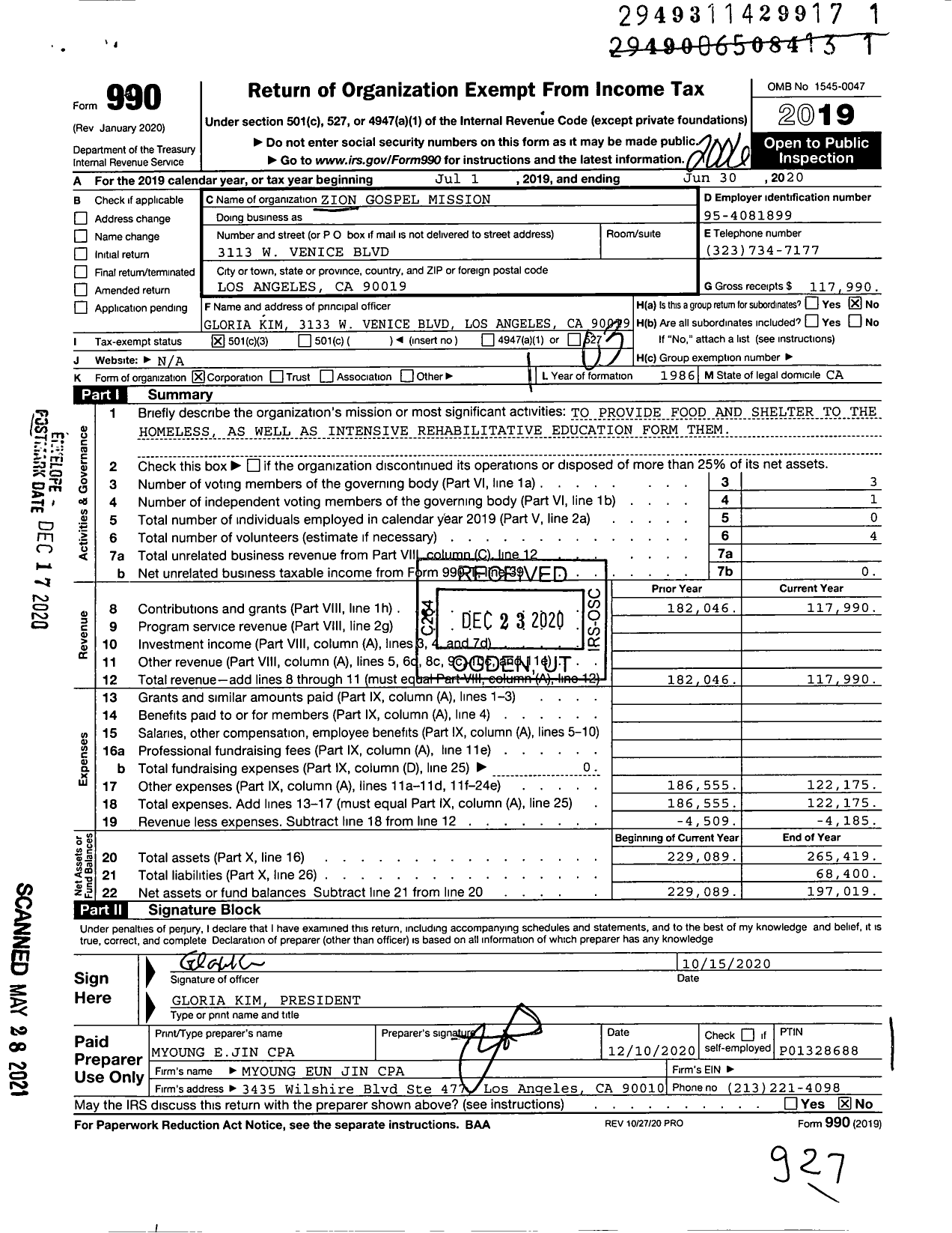 Image of first page of 2019 Form 990 for Zion Gospel Mission