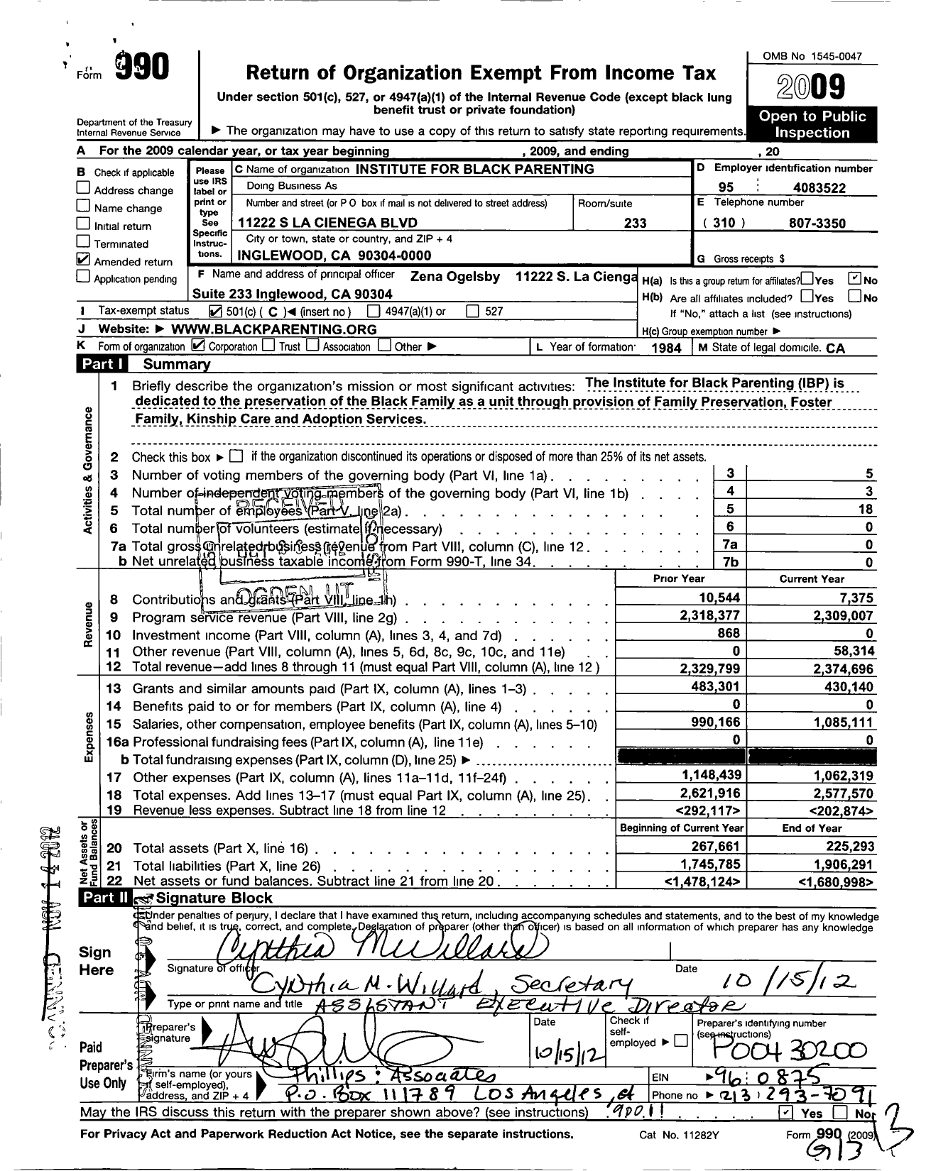 Image of first page of 2009 Form 990O for Institute for Black Parenting (IBP)