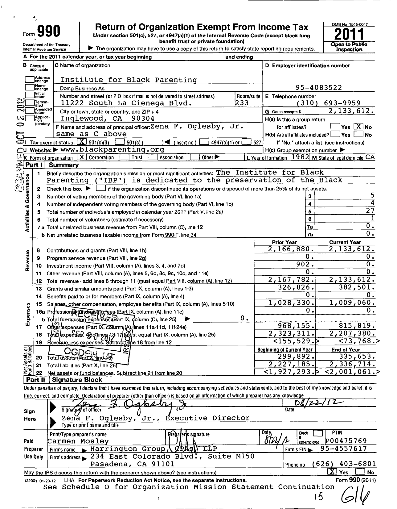 Image of first page of 2011 Form 990 for Institute for Black Parenting (IBP)