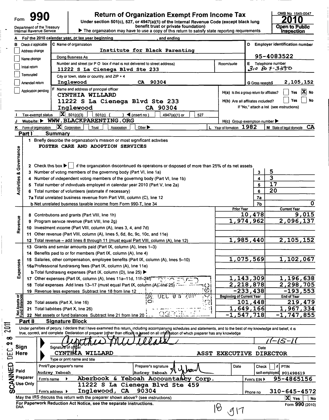 Image of first page of 2010 Form 990 for Institute for Black Parenting (IBP)