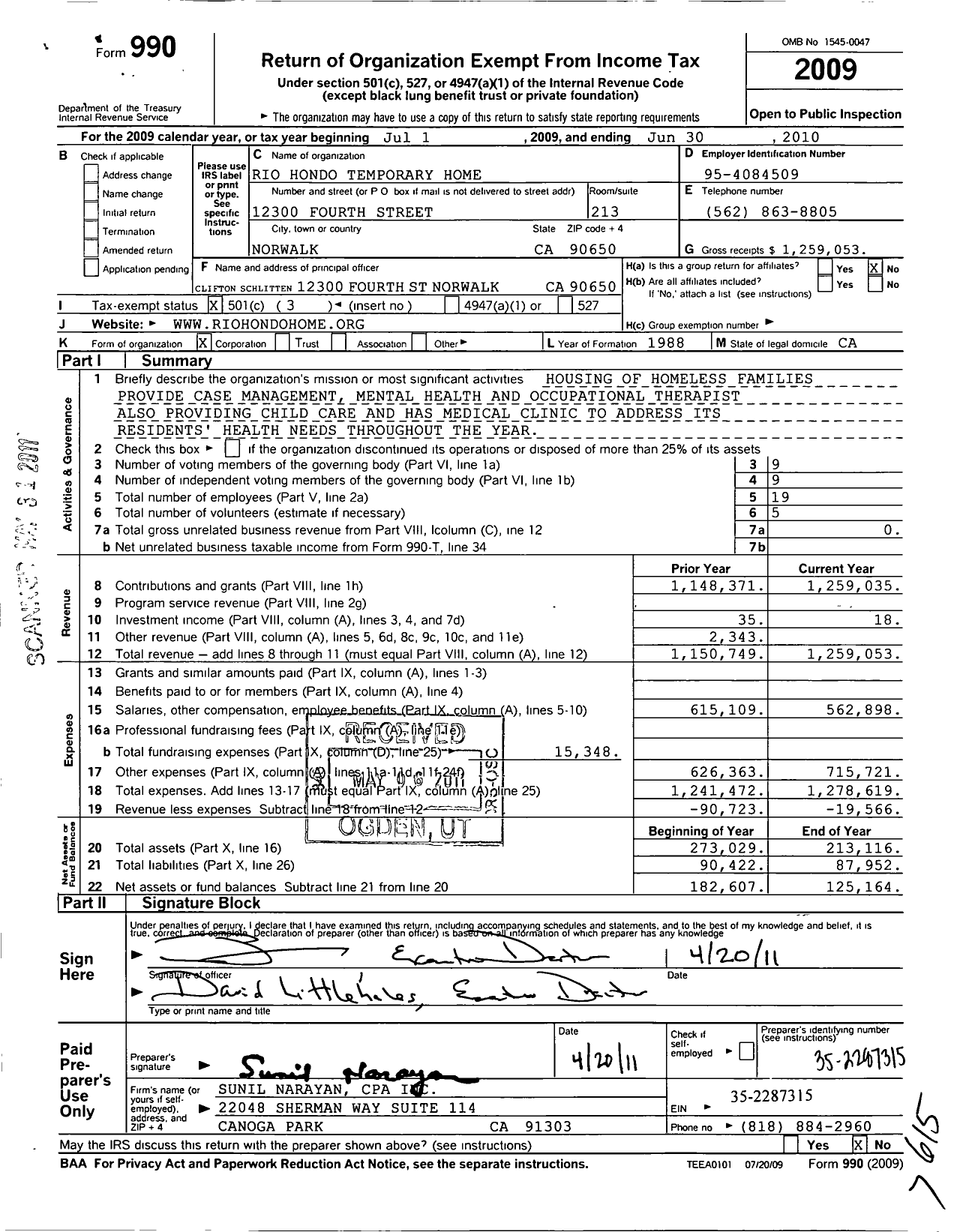 Image of first page of 2009 Form 990 for Stop Homelessness in the Rio Hondo Area