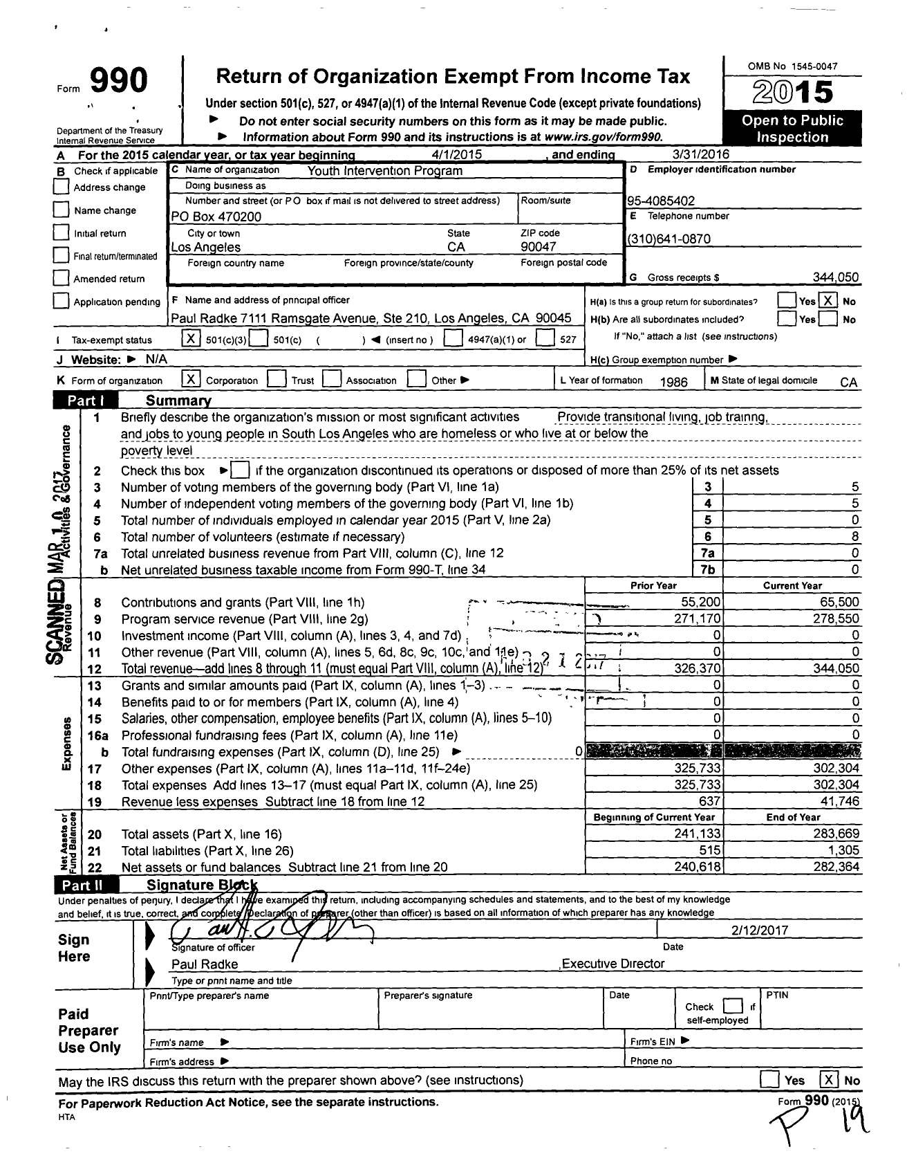 Image of first page of 2015 Form 990 for Youth Intervention Program