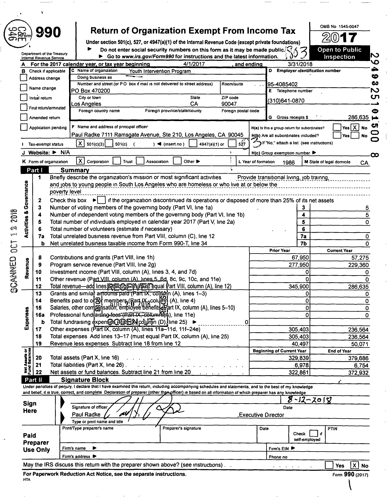 Image of first page of 2017 Form 990 for Youth Intervention Program