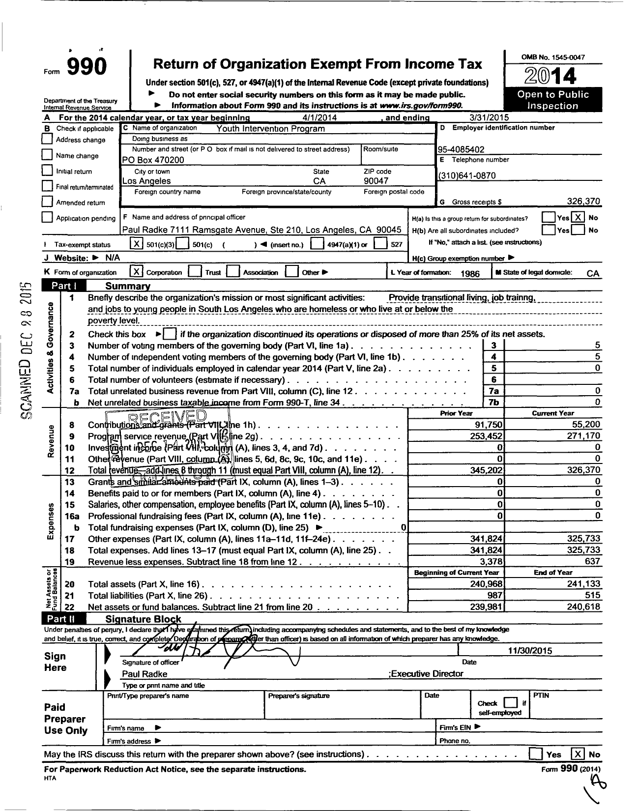 Image of first page of 2014 Form 990 for Youth Intervention Program