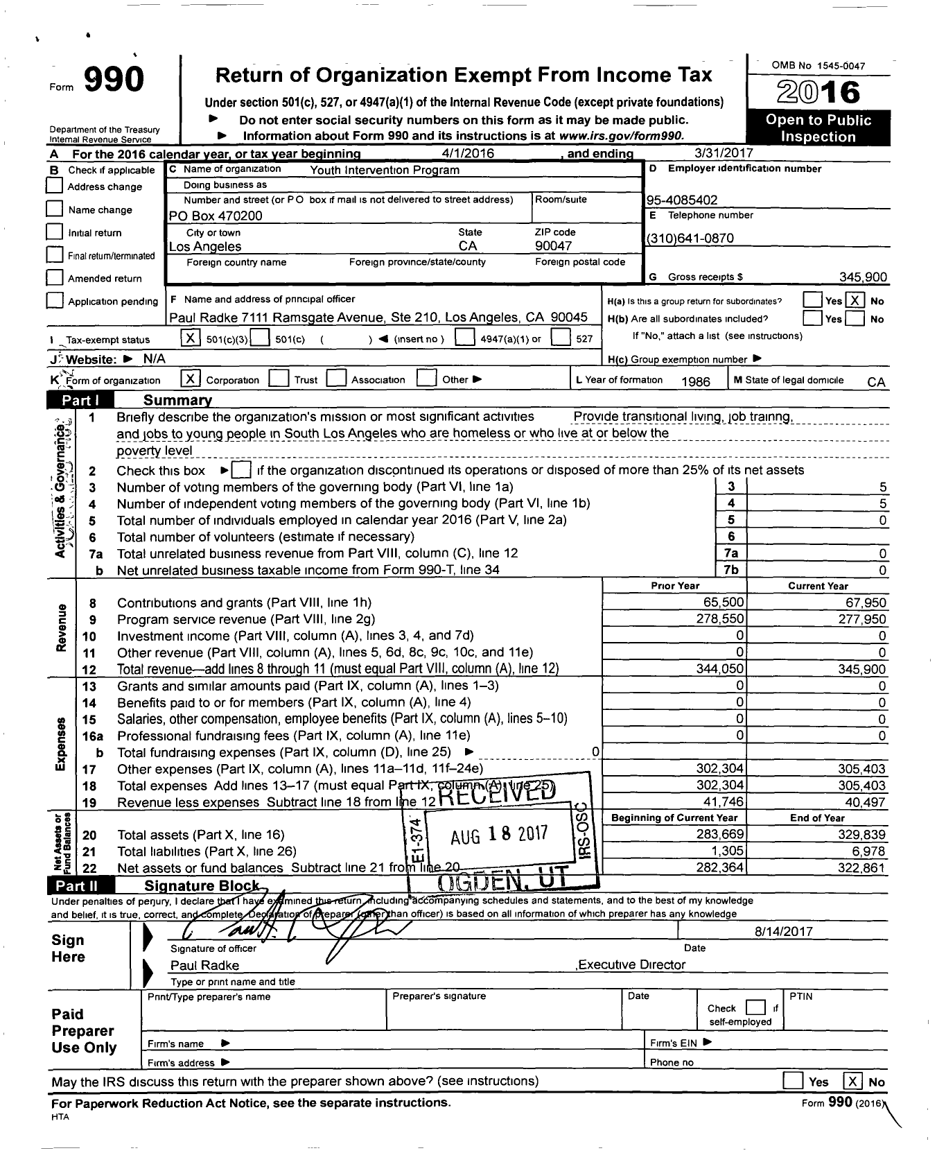 Image of first page of 2016 Form 990 for Youth Intervention Program