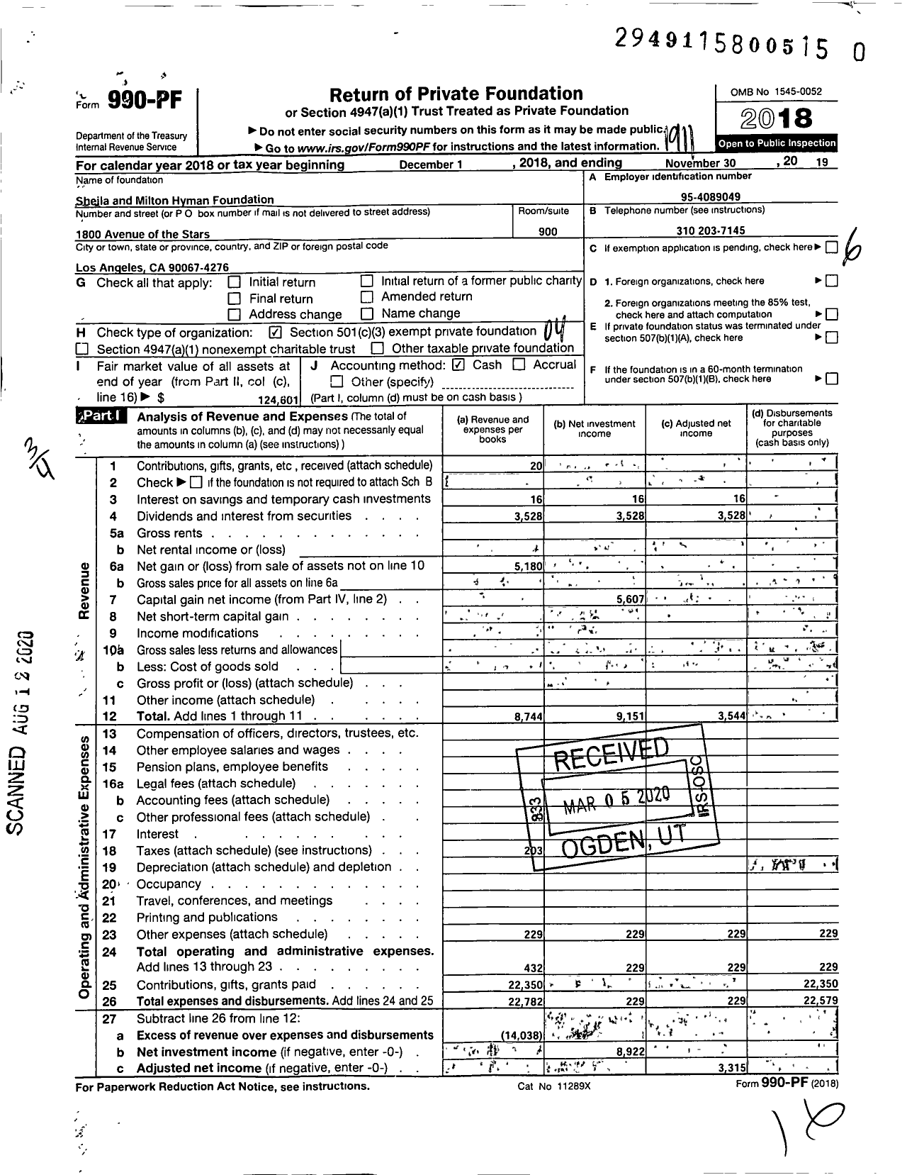 Image of first page of 2018 Form 990PR for Sheila and Milton Hyman Foundation