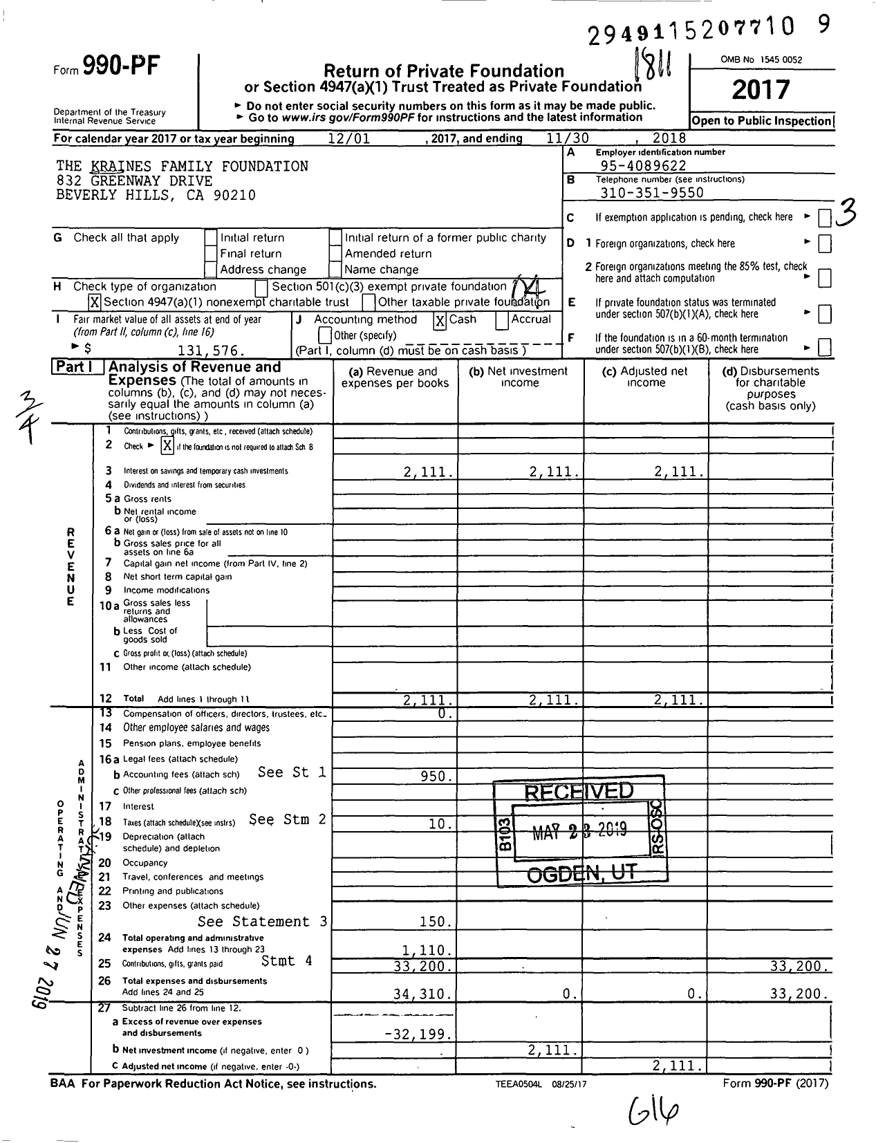 Image of first page of 2017 Form 990PF for The Kraines Family Foundation