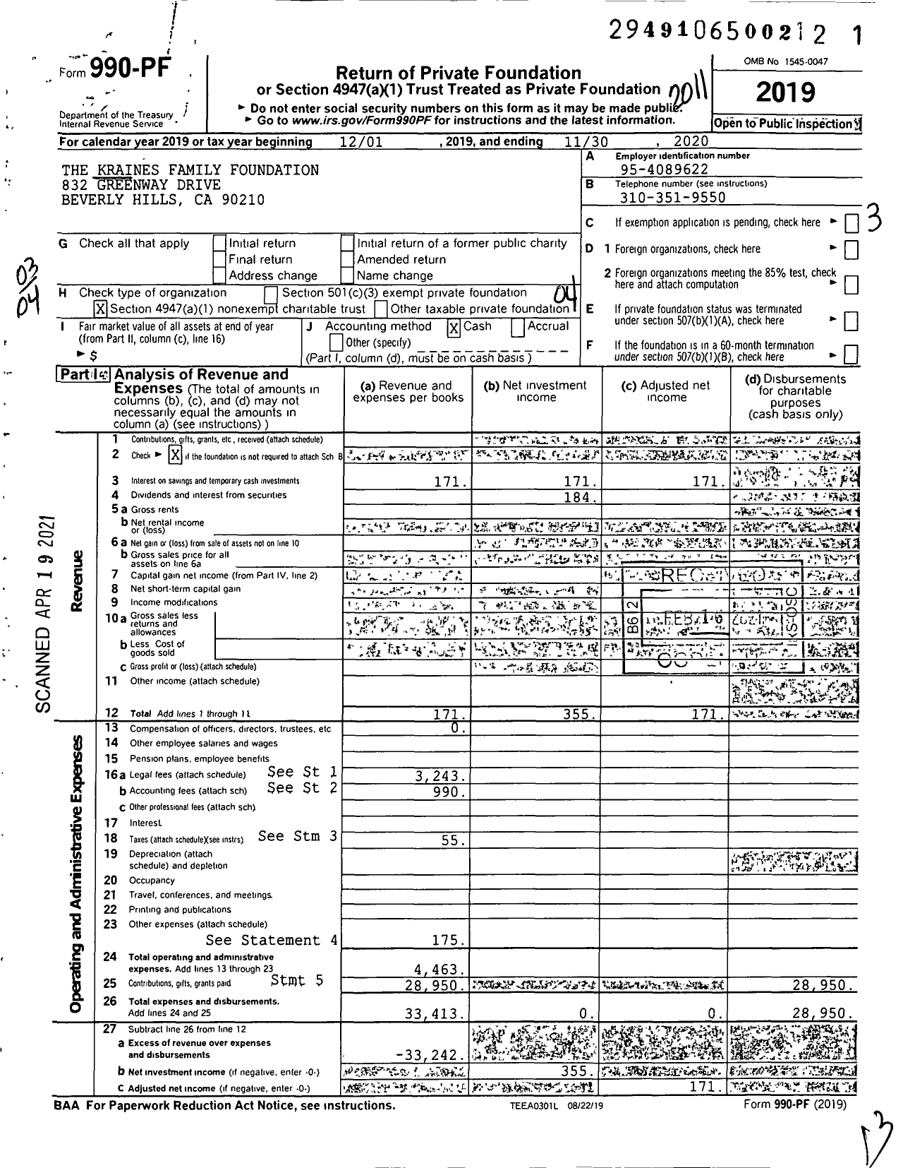 Image of first page of 2019 Form 990PF for The Kraines Family Foundation