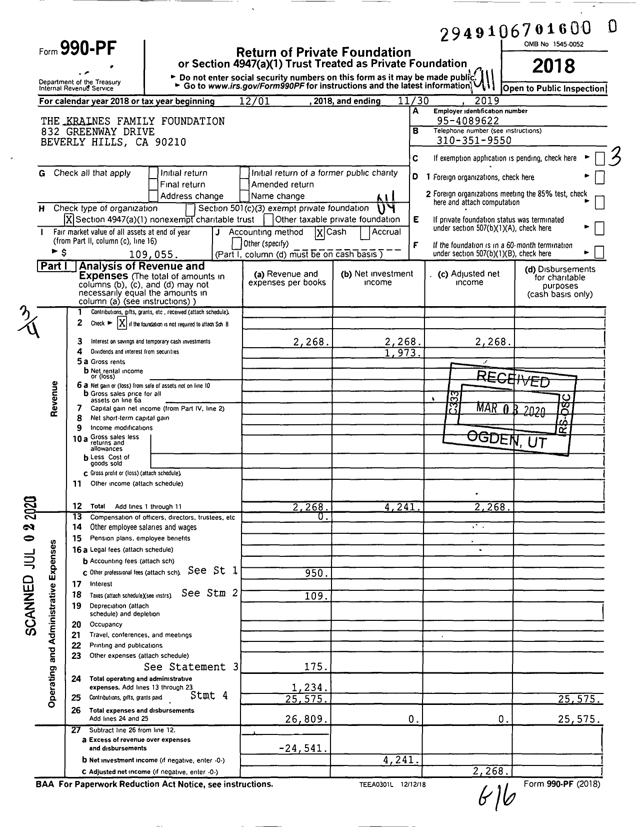 Image of first page of 2018 Form 990PR for The Kraines Family Foundation